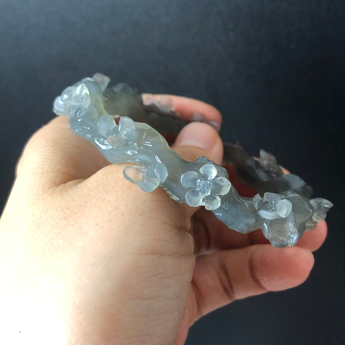 52-66mm Custom Size Natural Xiu Jade Serpentine Hand Carved Magpie Birds and Flower Bangle | Icy Gray | Stone Crystal Gemstone Jewellery