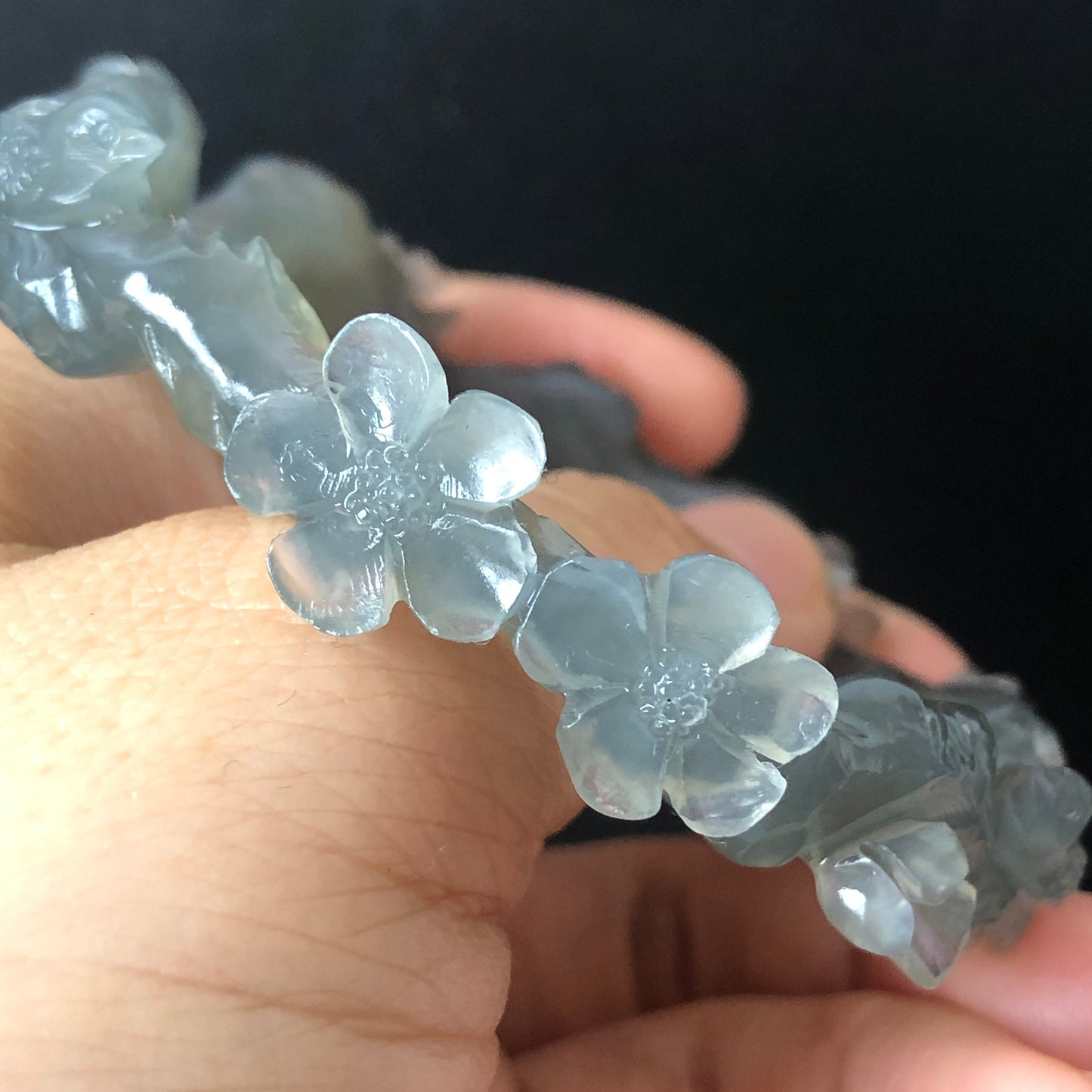 52-66mm Custom Size Natural Xiu Jade Serpentine Hand Carved Magpie Birds and Flower Bangle | Icy Gray | Stone Crystal Gemstone Jewellery