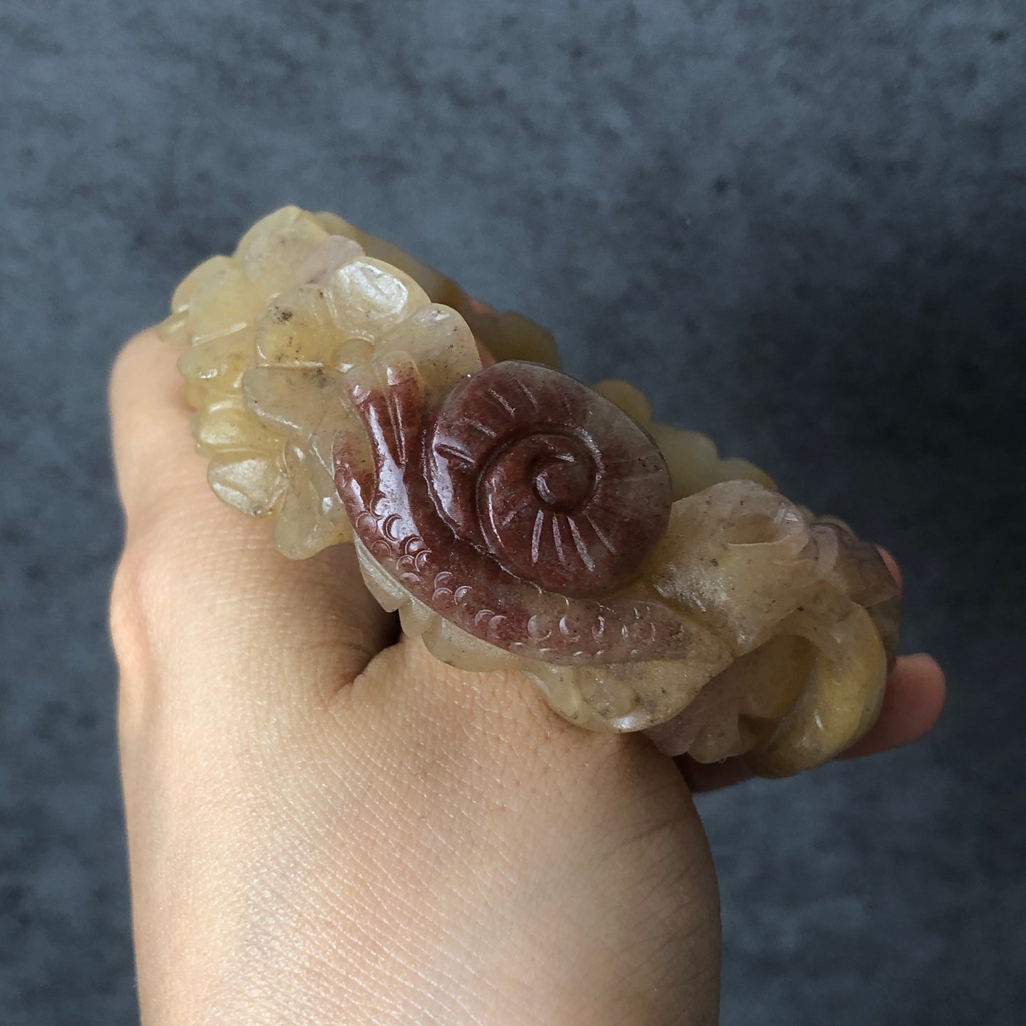 52-66mm Custom Size Natural SheTaiCui Jade (Quartzite) Hand Carved Snail & Flowers Bangle Bracelet | Tri-colour Red Purple Yellow | Crystal