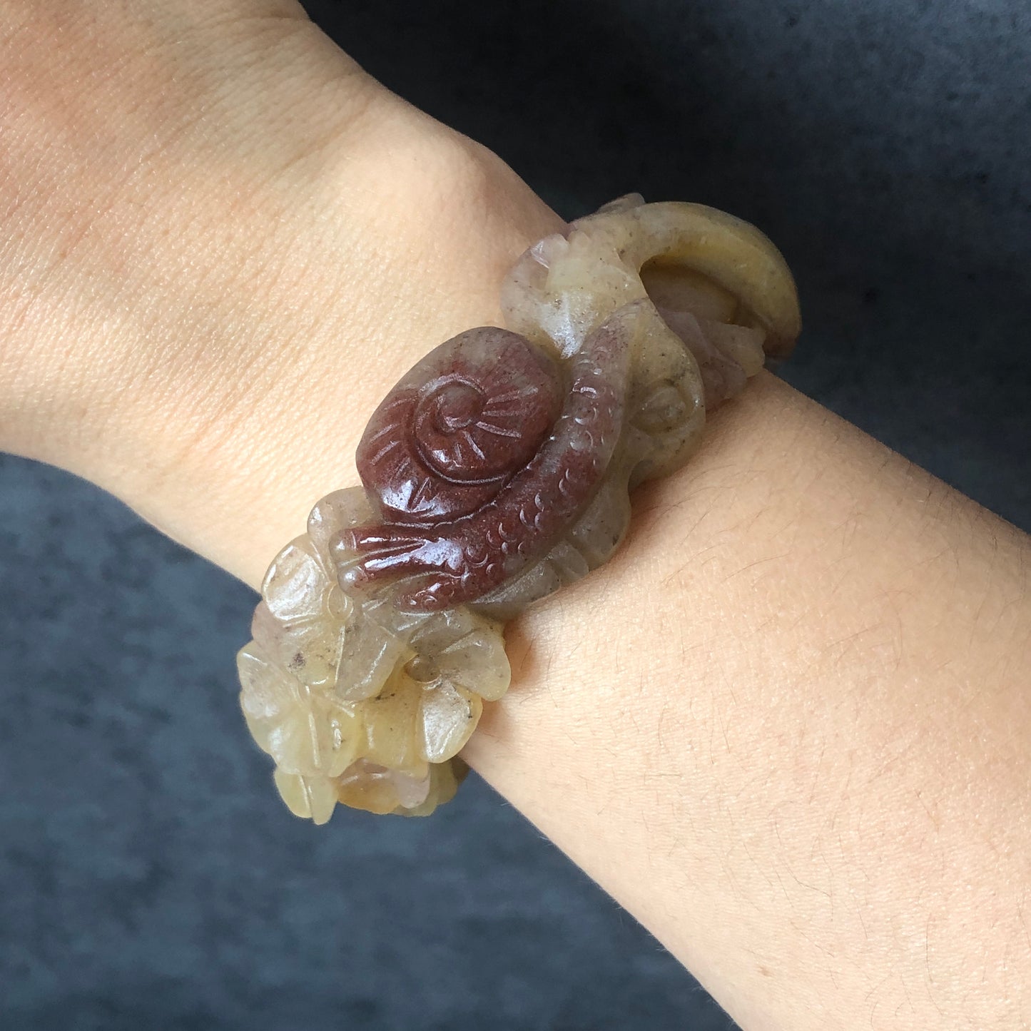 52-66mm Custom Size Natural SheTaiCui Jade (Quartzite) Hand Carved Snail & Flowers Bangle Bracelet | Tri-colour Red Purple Yellow | Crystal
