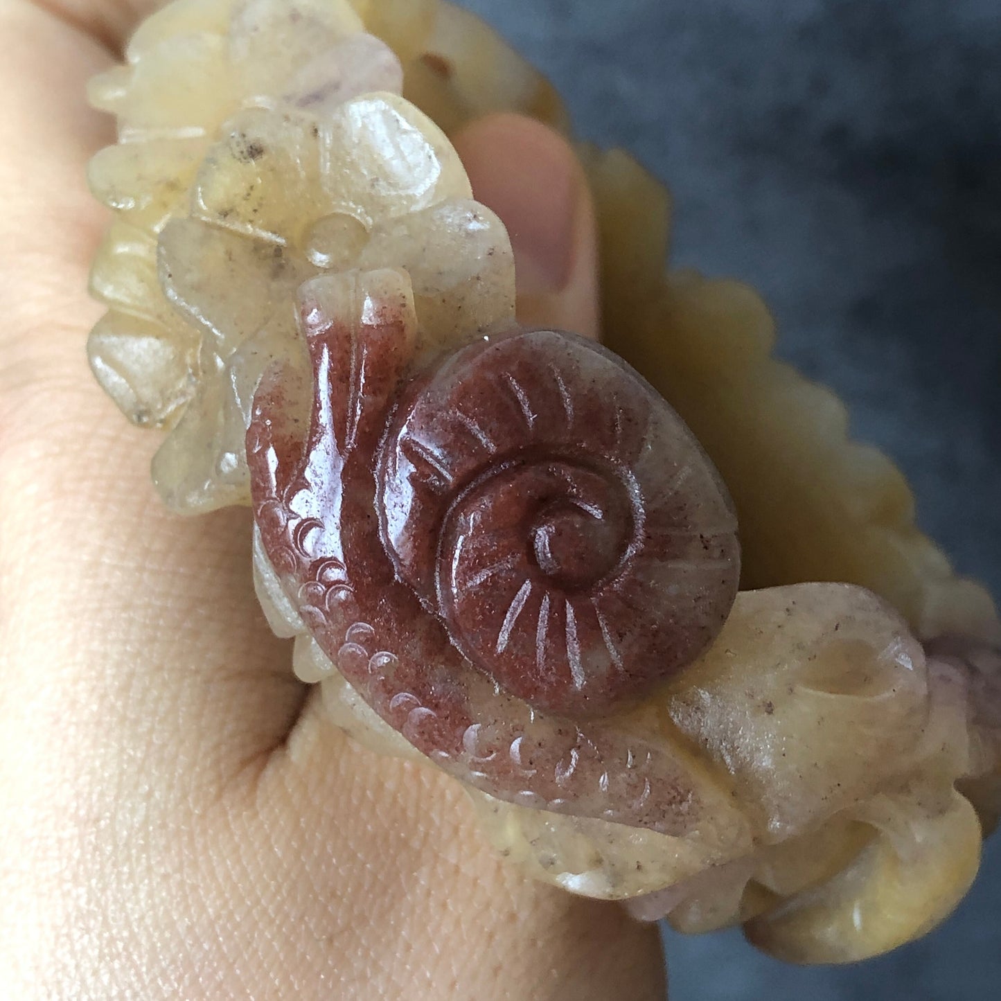 52-66mm Custom Size Natural SheTaiCui Jade (Quartzite) Hand Carved Snail & Flowers Bangle Bracelet | Tri-colour Red Purple Yellow | Crystal