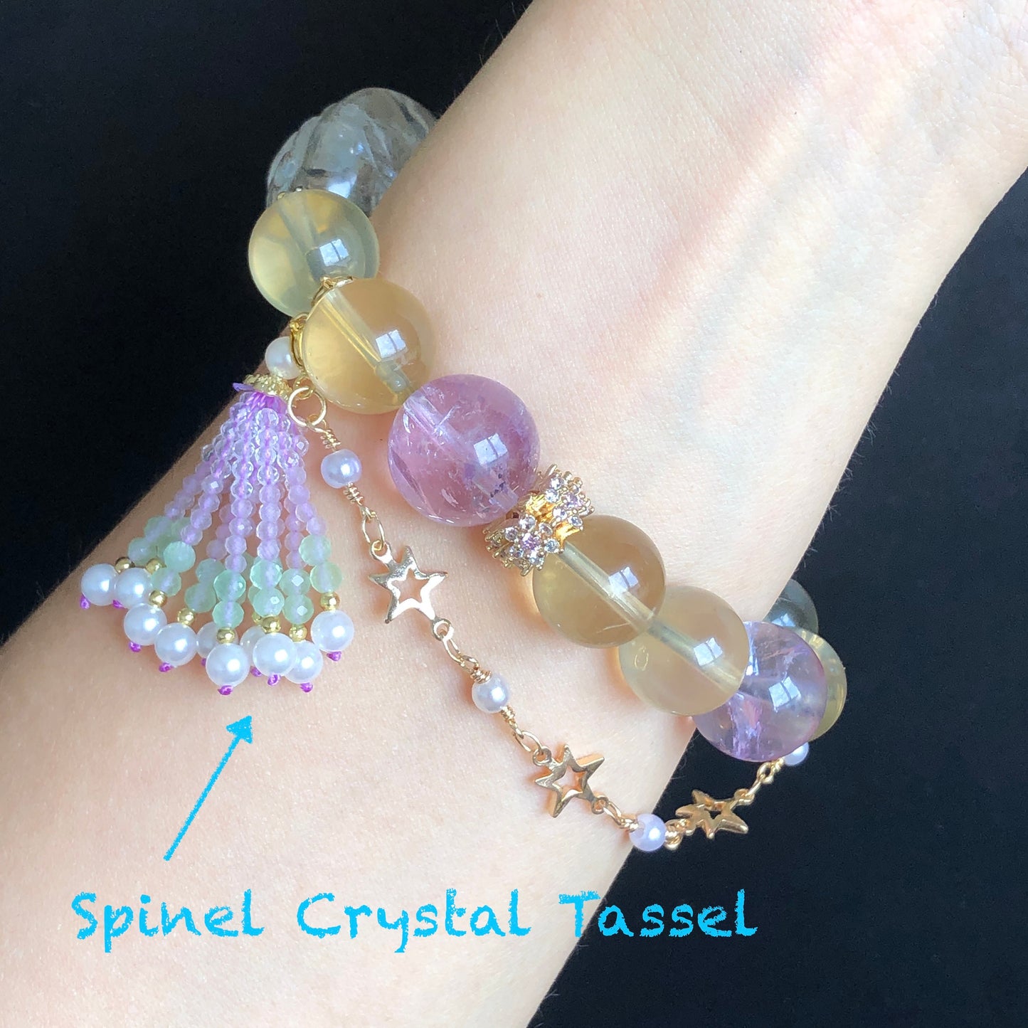 Rare Find Rainbow Clear Quartz Carved Nine-tailed Fox Pendant Charm with Lemon Quartz and Amethyst Crystal Bead Bracelet | Removable Tassel