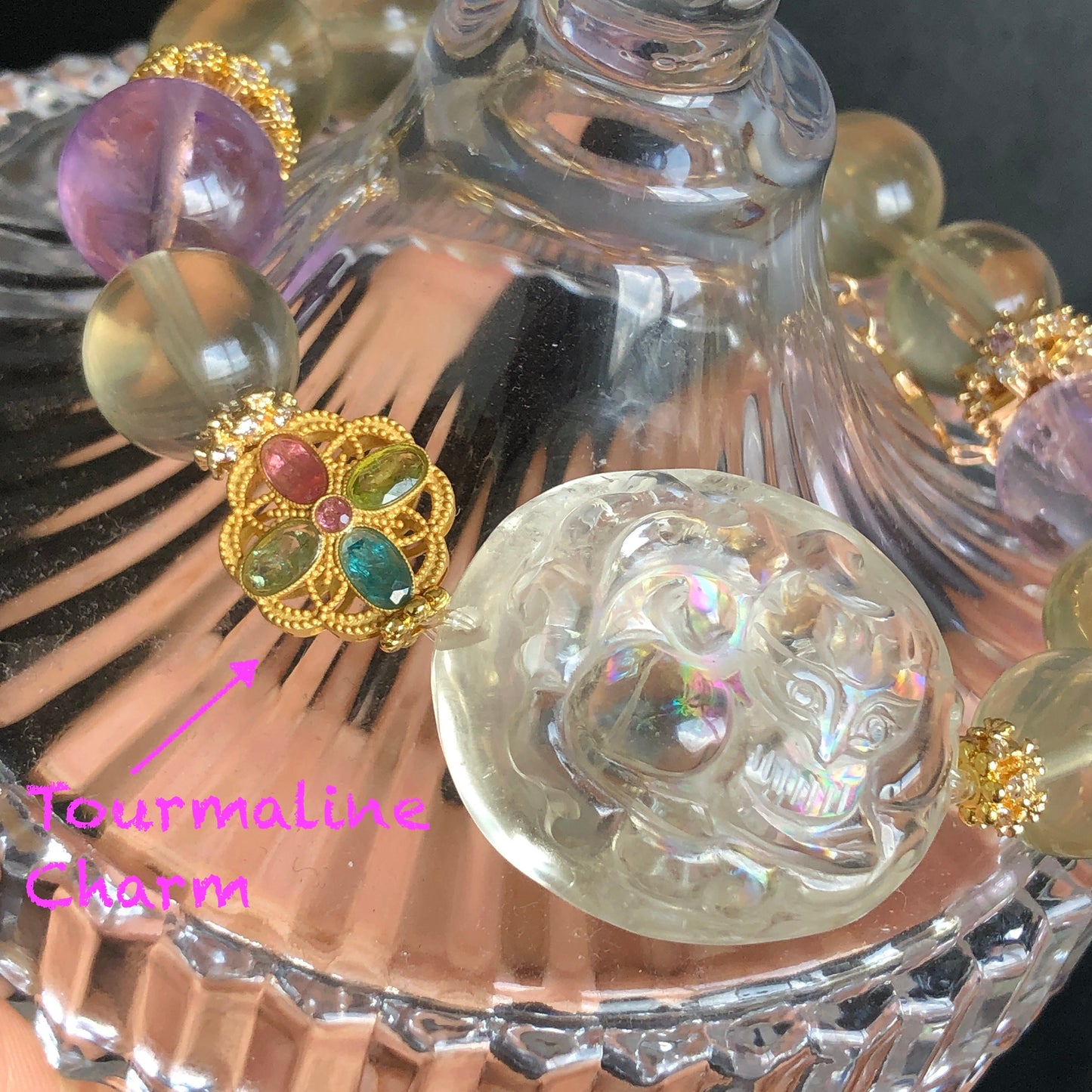 Rare Find Rainbow Clear Quartz Carved Nine-tailed Fox Pendant Charm with Lemon Quartz and Amethyst Crystal Bead Bracelet | Removable Tassel