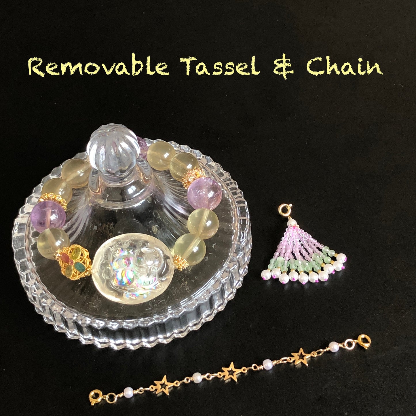 Rare Find Rainbow Clear Quartz Carved Nine-tailed Fox Pendant Charm with Lemon Quartz and Amethyst Crystal Bead Bracelet | Removable Tassel