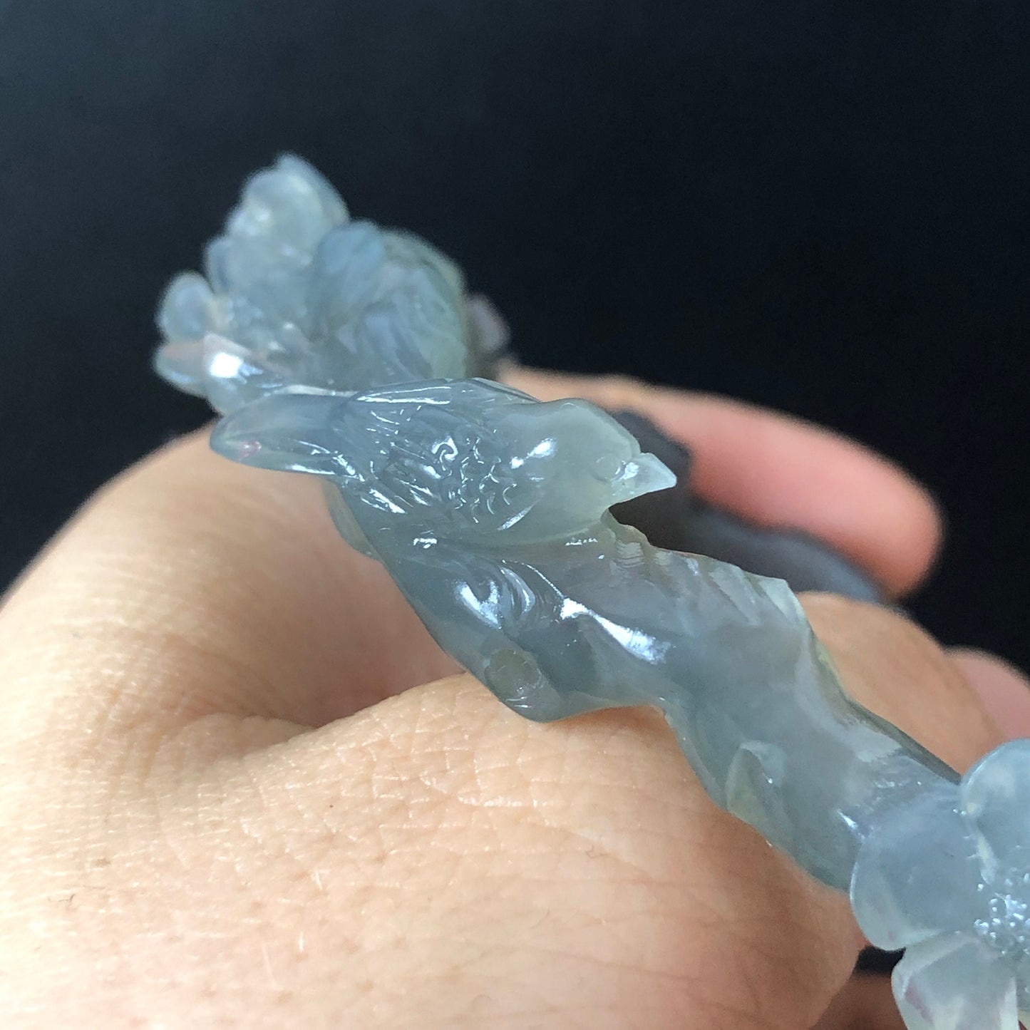 52-66mm Custom Size Natural Xiu Jade Serpentine Hand Carved Magpie Birds and Flower Bangle | Icy Gray | Stone Crystal Gemstone Jewellery
