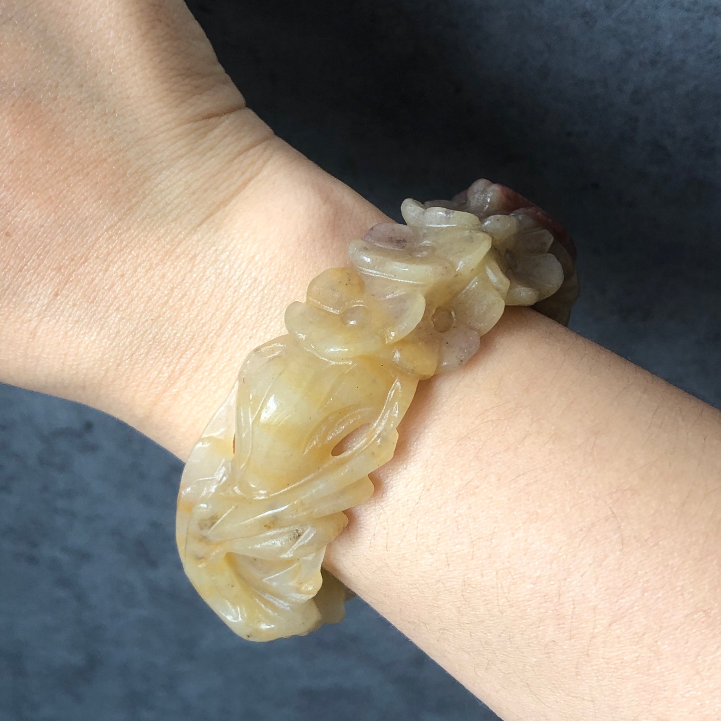 52-66mm Custom Size Natural SheTaiCui Jade (Quartzite) Hand Carved Snail & Flowers Bangle Bracelet | Tri-colour Red Purple Yellow | Crystal