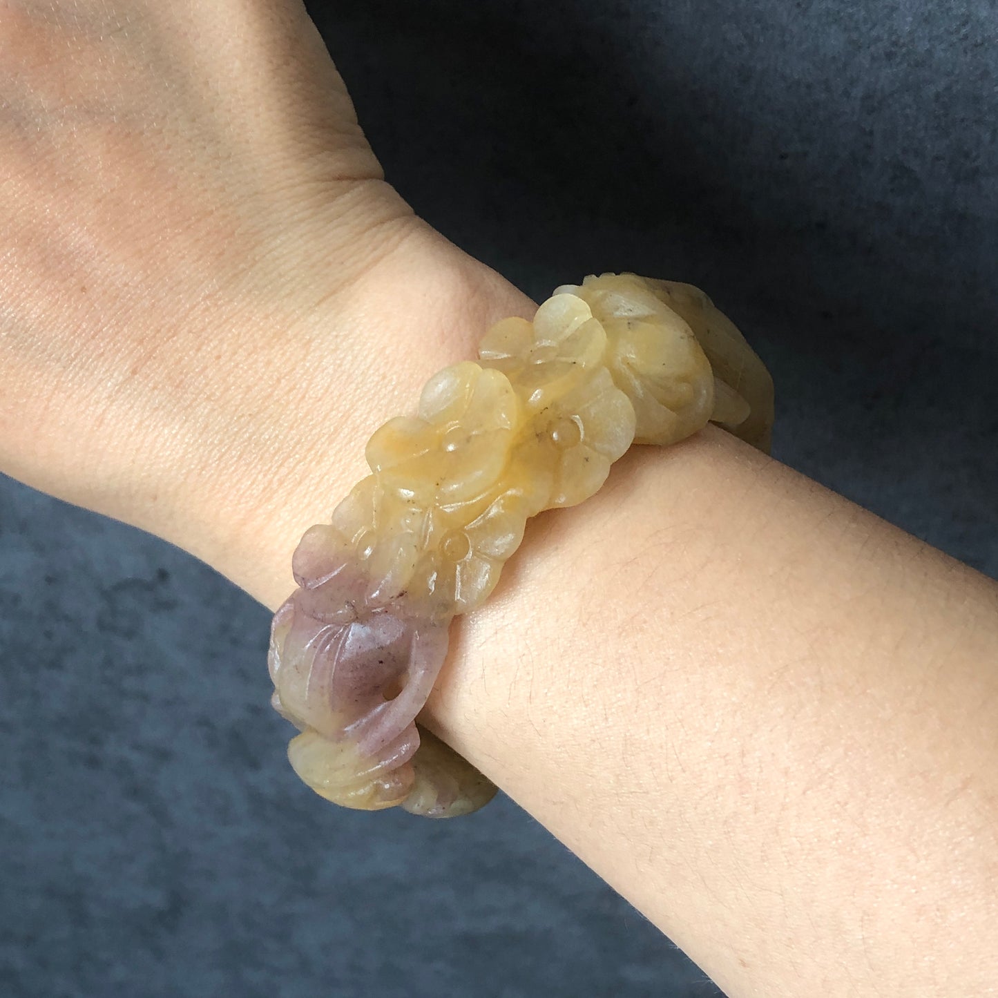 52-66mm Custom Size Natural SheTaiCui Jade (Quartzite) Hand Carved Snail & Flowers Bangle Bracelet | Tri-colour Red Purple Yellow | Crystal