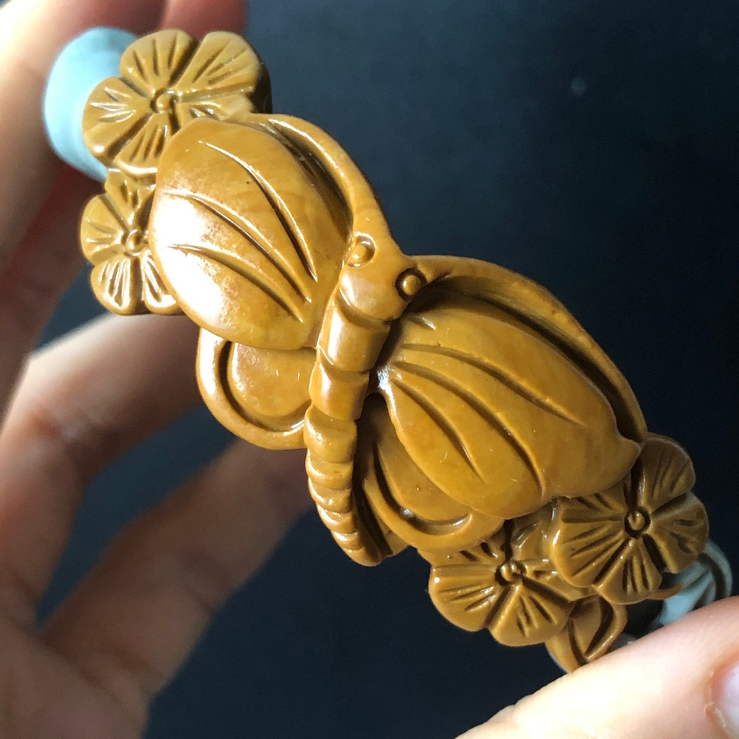 55.8mm Natural Carved NiShi Jade Butterfly Flower Bamboo Coin Bangle | Green Blue, Brown | Argillaceous Rocks | Stone Crystal