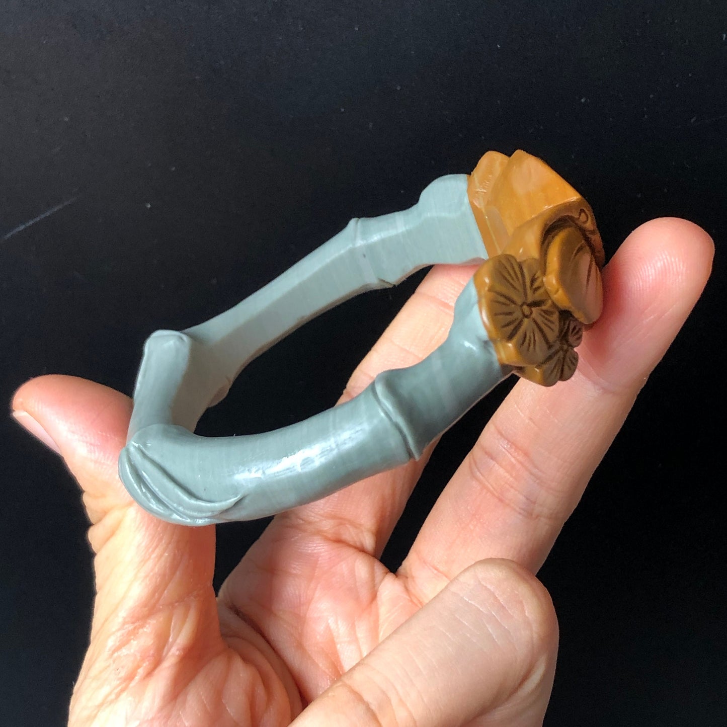 55.8mm Natural Carved NiShi Jade Butterfly Flower Bamboo Coin Bangle | Green Blue, Brown | Argillaceous Rocks | Stone Crystal