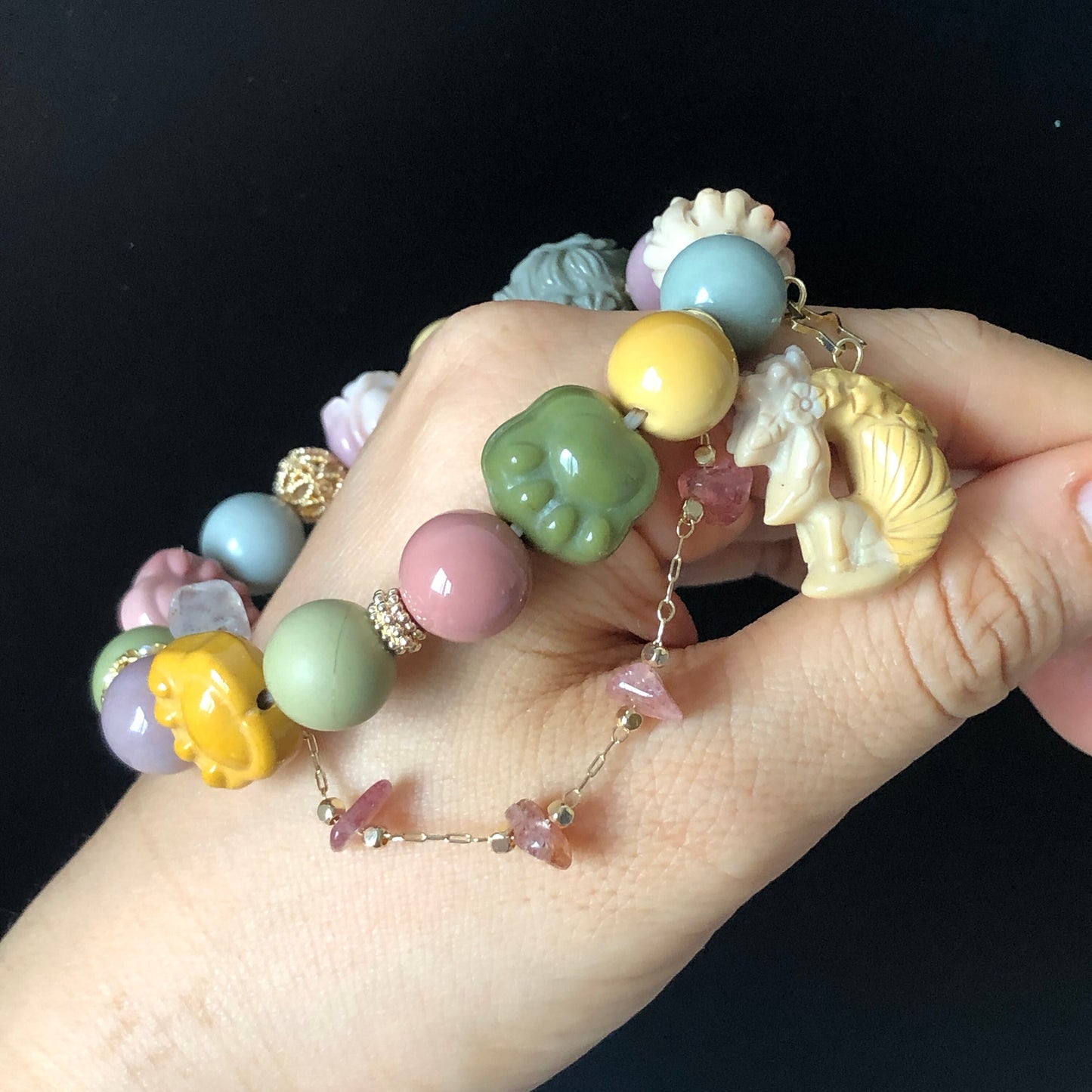 Alashan Agate Nine-tailed Fox with carved Rose & Paw Charm Bead 2 way Bracelet | Macaron color | Strawberry Quartz Chain | Crystal Gemstone