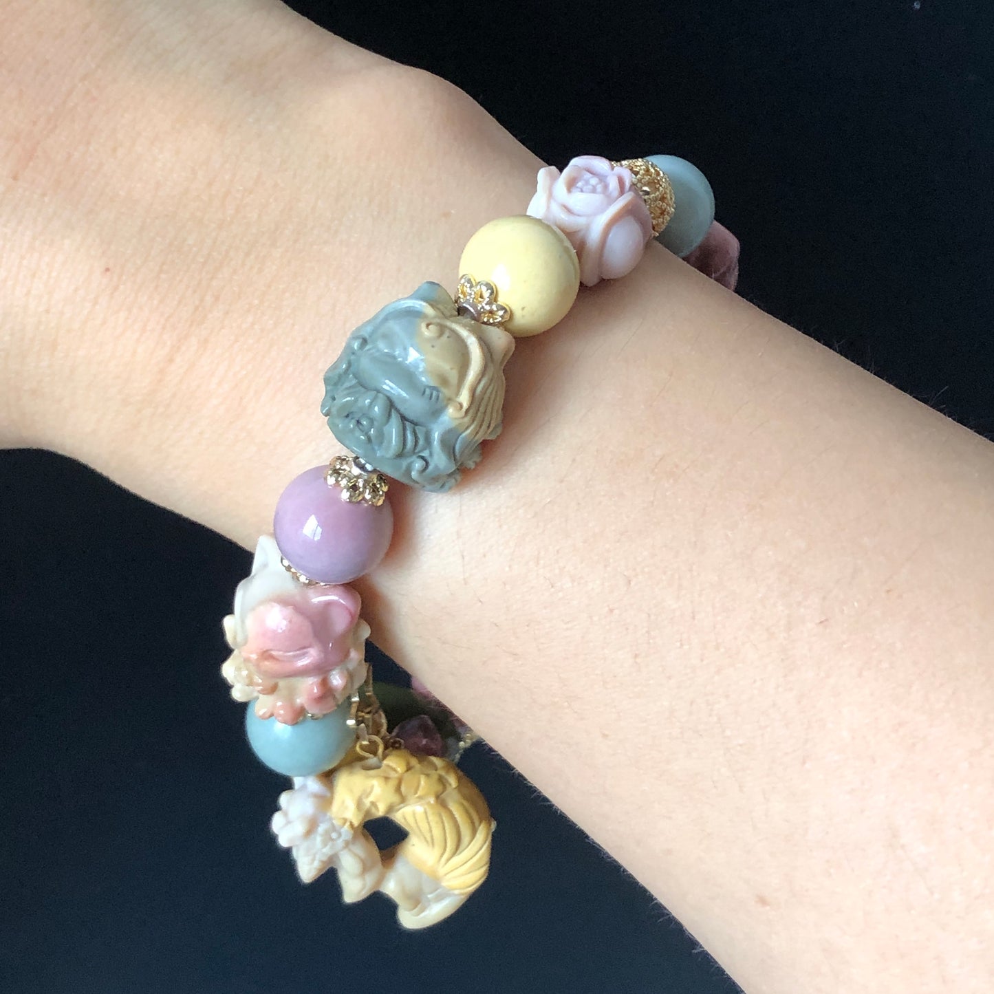 Alashan Agate Nine-tailed Fox with carved Rose & Paw Charm Bead 2 way Bracelet | Macaron color | Strawberry Quartz Chain | Crystal Gemstone