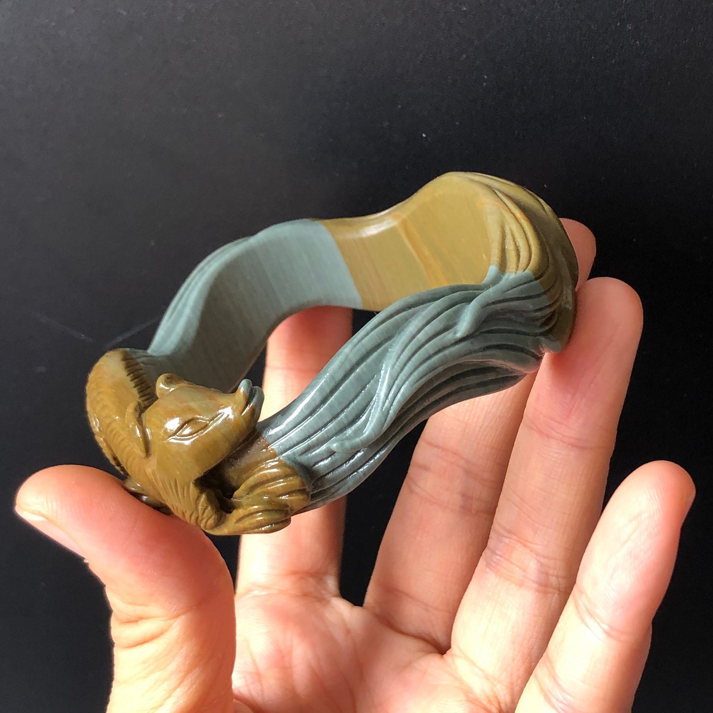 56.3mm Natural Hand Carved Ni Shi Jade Nine-tailed Fox Bangle | Greenish Blue, Mustard Brown | Argillaceous Rocks | Crystal Gemstone