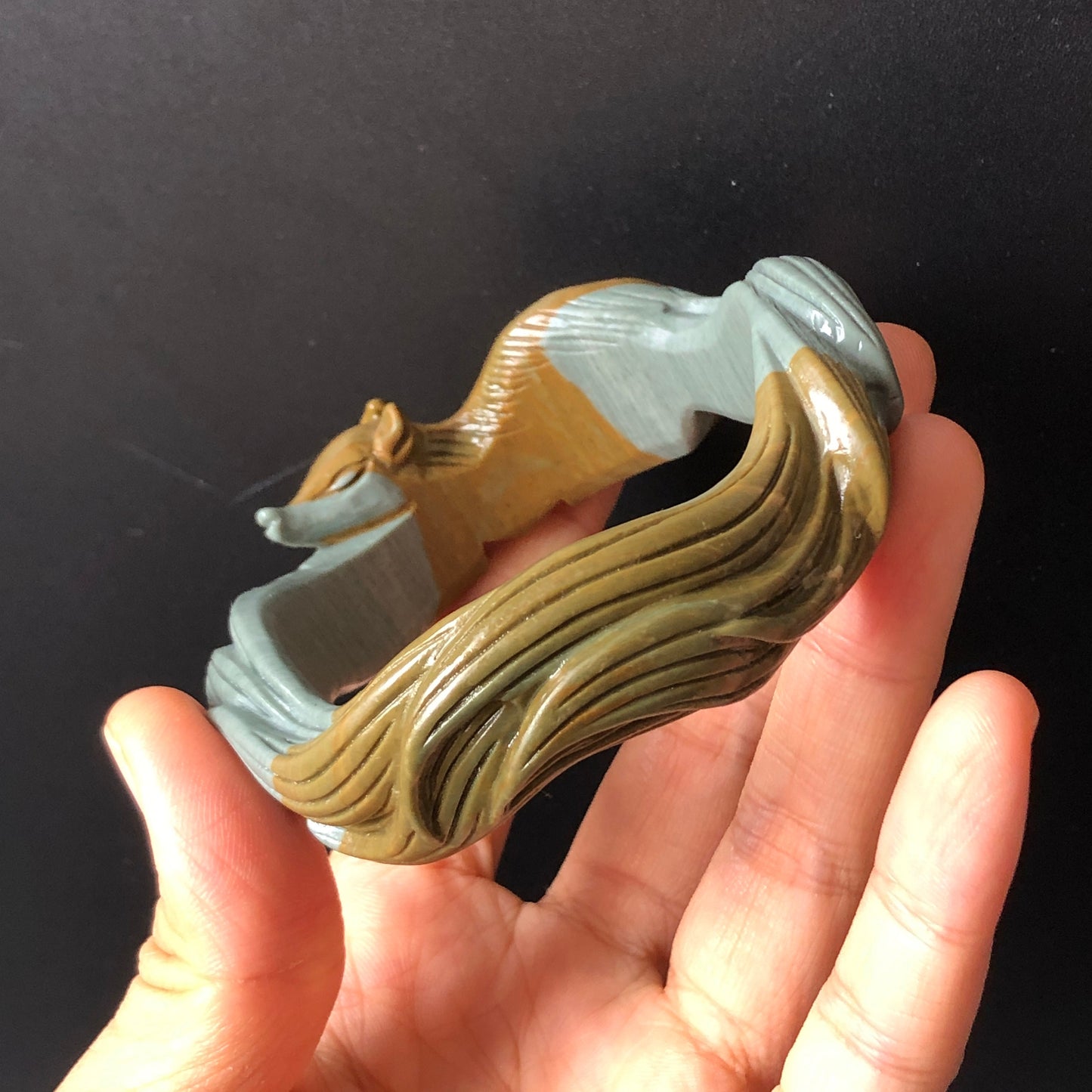 56.3mm Natural Hand Carved Ni Shi Jade Nine-tailed Fox Bangle | Greenish Blue, Mustard Brown | Argillaceous Rocks | Crystal Gemstone