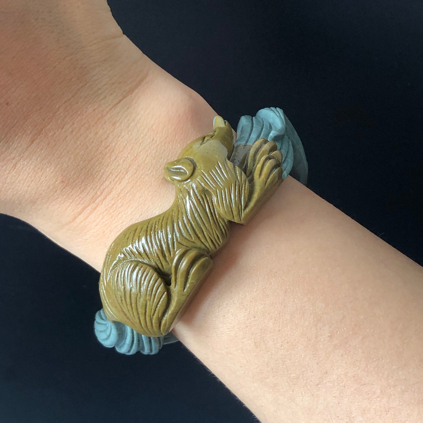 56.3mm Natural Hand Carved Ni Shi Jade Nine-tailed Fox Bangle | Greenish Blue, Mustard Brown | Argillaceous Rocks | Crystal Gemstone