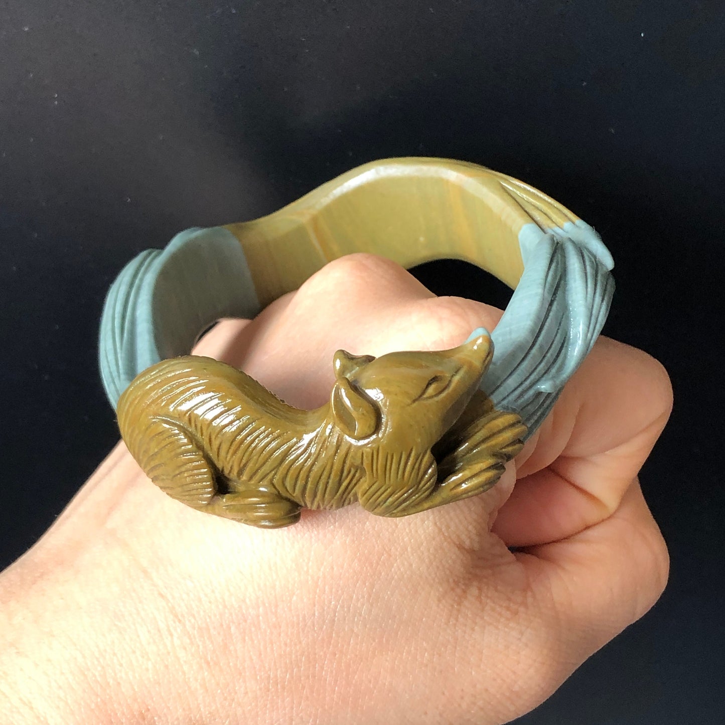 56.3mm Natural Hand Carved Ni Shi Jade Nine-tailed Fox Bangle | Greenish Blue, Mustard Brown | Argillaceous Rocks | Crystal Gemstone
