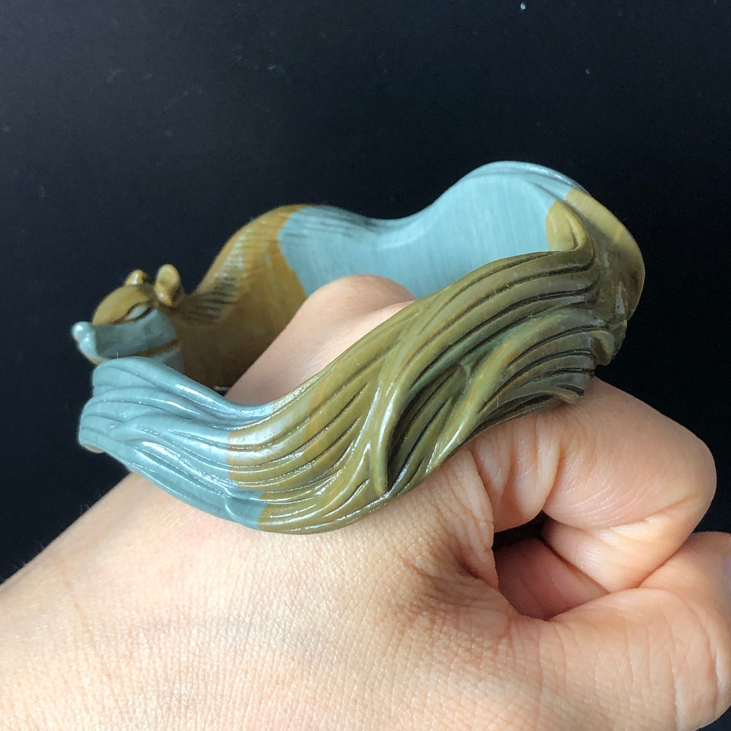 56.3mm Natural Hand Carved Ni Shi Jade Nine-tailed Fox Bangle | Greenish Blue, Mustard Brown | Argillaceous Rocks | Crystal Gemstone