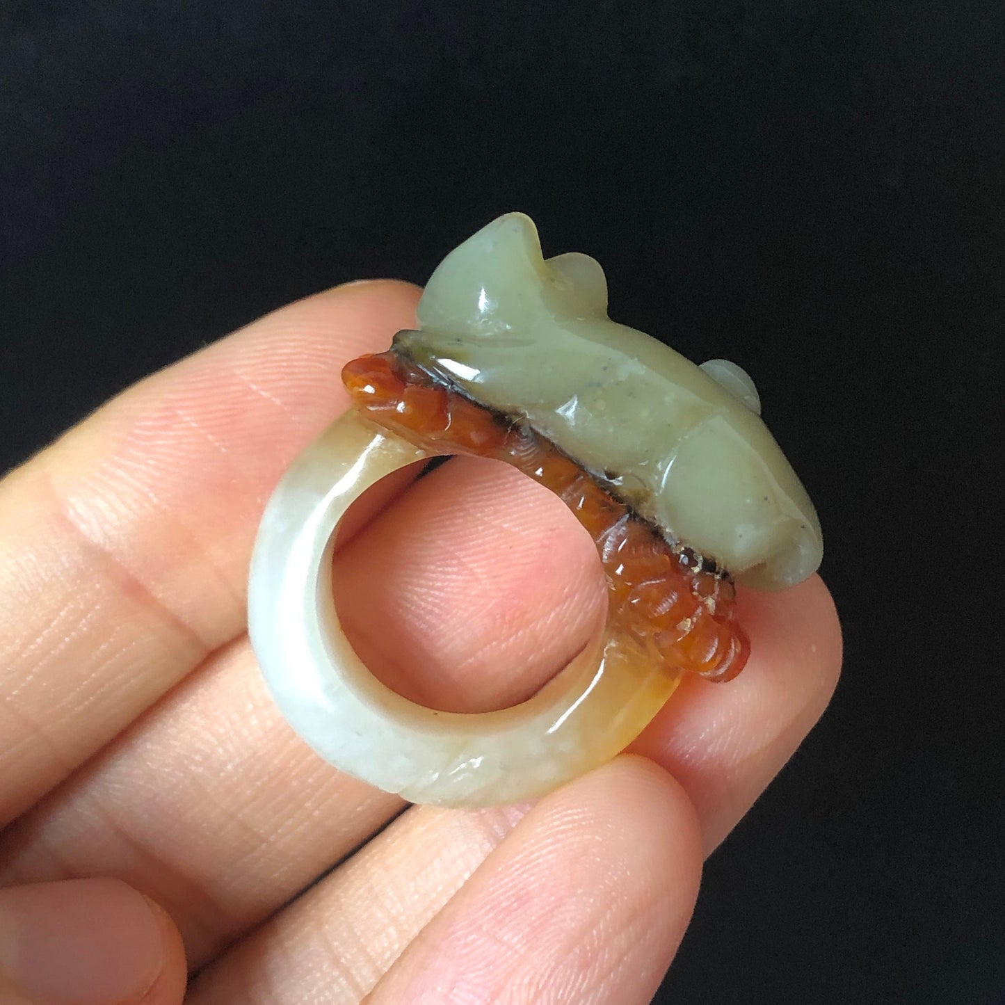 Natural Serpentine Xiu Jade Hand Craved Kitten Cat Flowers Stone Crystal Ring | Tri-colour Green, Caramel, White | 16.3mm (US 6)