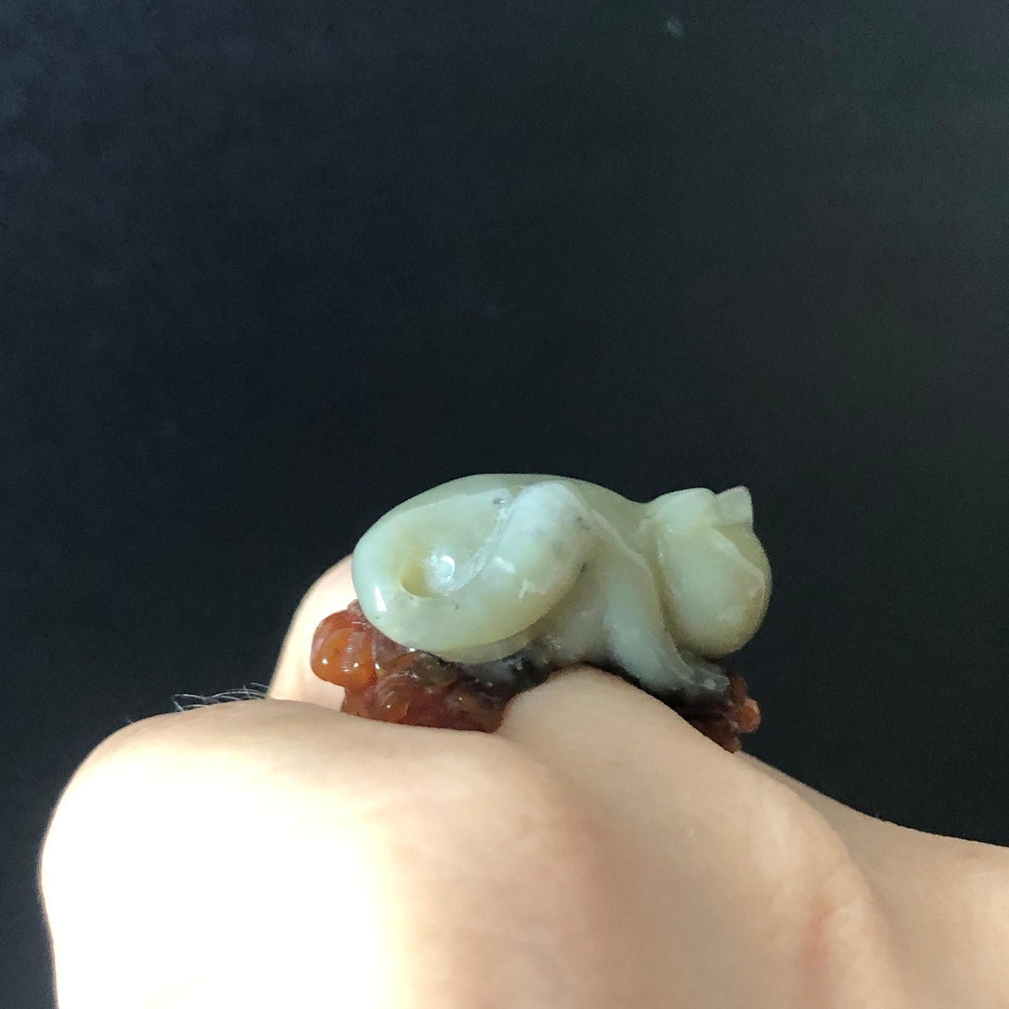 Natural Serpentine Xiu Jade Hand Craved Kitten Cat Flowers Stone Crystal Ring | Tri-colour Green, Caramel, White | 16.3mm (US 6)