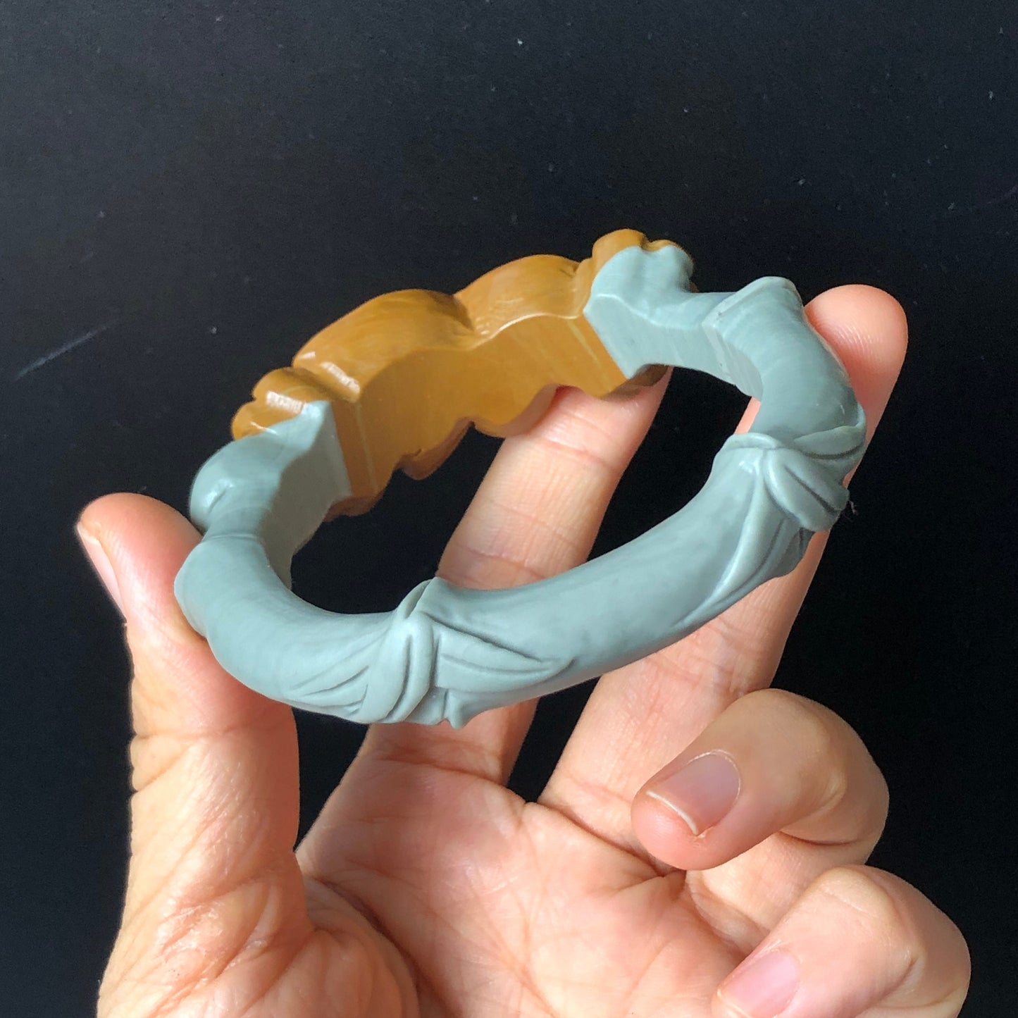 55.8mm Natural Carved NiShi Jade Butterfly Flower Bamboo Coin Bangle | Green Blue, Brown | Argillaceous Rocks | Stone Crystal