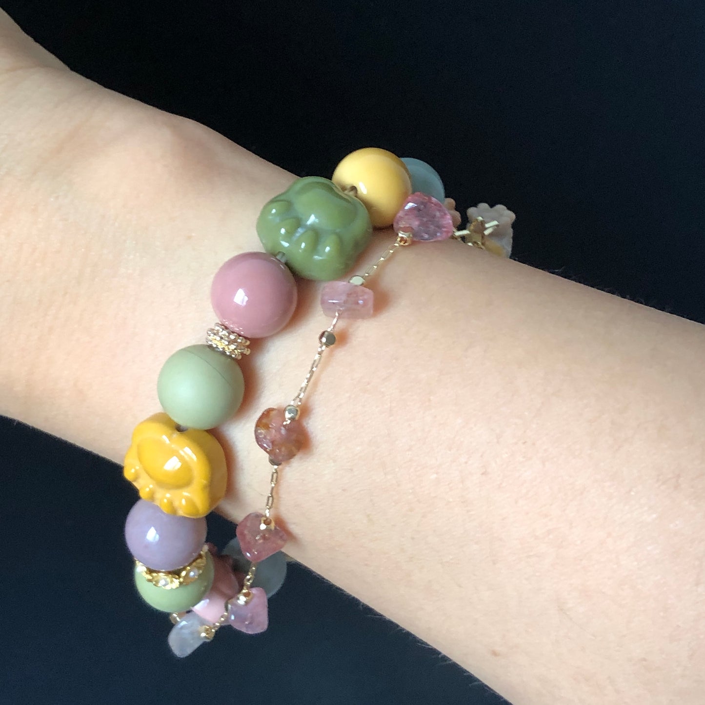 Alashan Agate Nine-tailed Fox with carved Rose & Paw Charm Bead 2 way Bracelet | Macaron color | Strawberry Quartz Chain | Crystal Gemstone