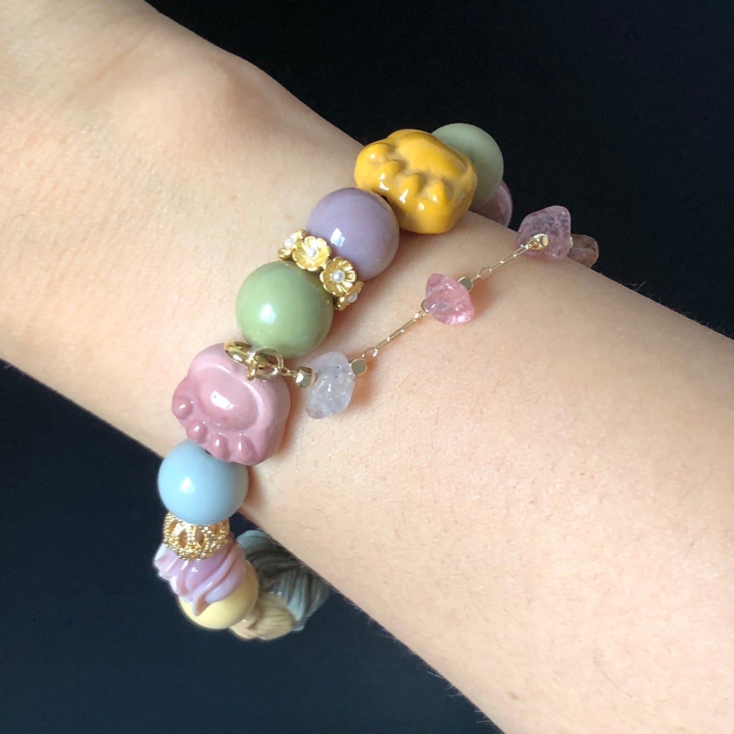 Alashan Agate Nine-tailed Fox with carved Rose & Paw Charm Bead 2 way Bracelet | Macaron color | Strawberry Quartz Chain | Crystal Gemstone