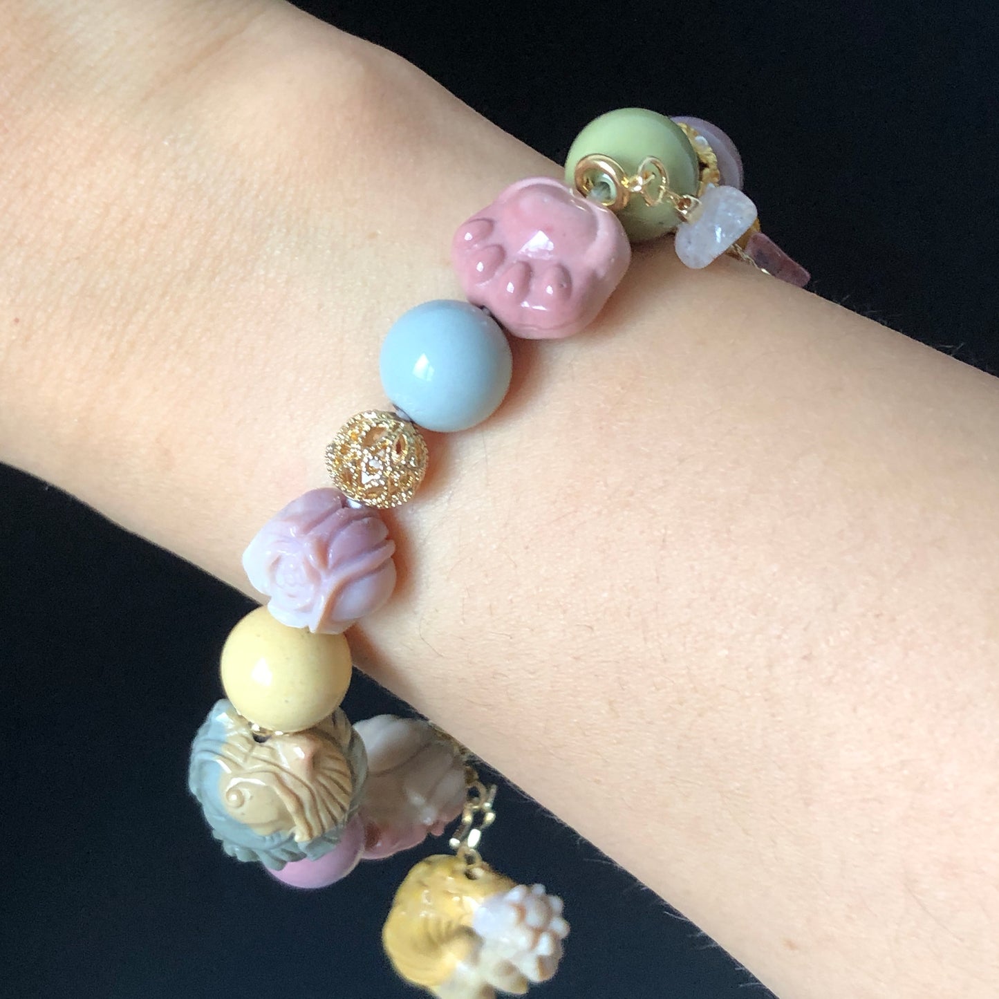 Alashan Agate Nine-tailed Fox with carved Rose & Paw Charm Bead 2 way Bracelet | Macaron color | Strawberry Quartz Chain | Crystal Gemstone