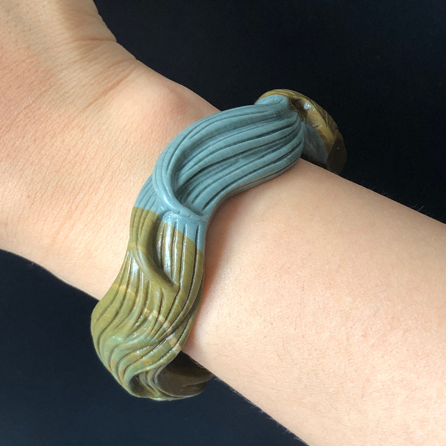 56.3mm Natural Hand Carved Ni Shi Jade Nine-tailed Fox Bangle | Greenish Blue, Mustard Brown | Argillaceous Rocks | Crystal Gemstone
