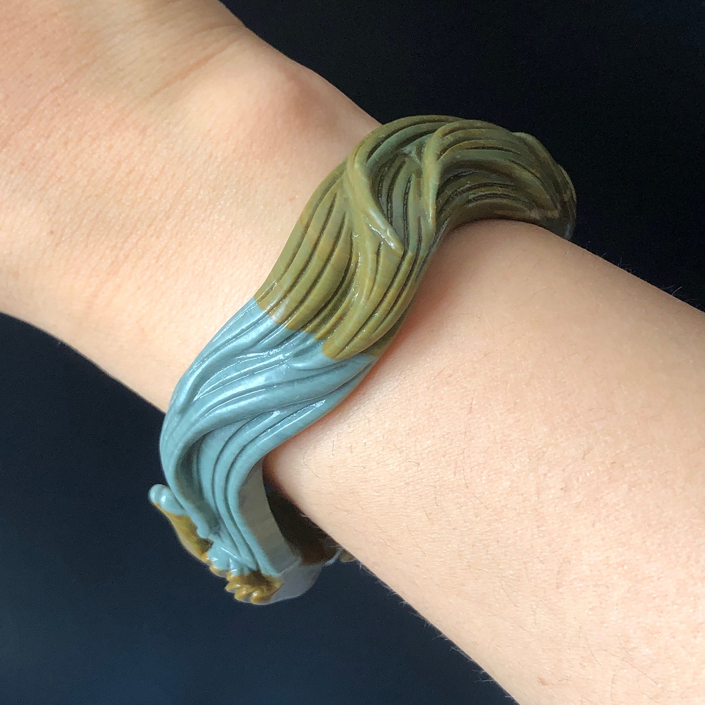 56.3mm Natural Hand Carved Ni Shi Jade Nine-tailed Fox Bangle | Greenish Blue, Mustard Brown | Argillaceous Rocks | Crystal Gemstone