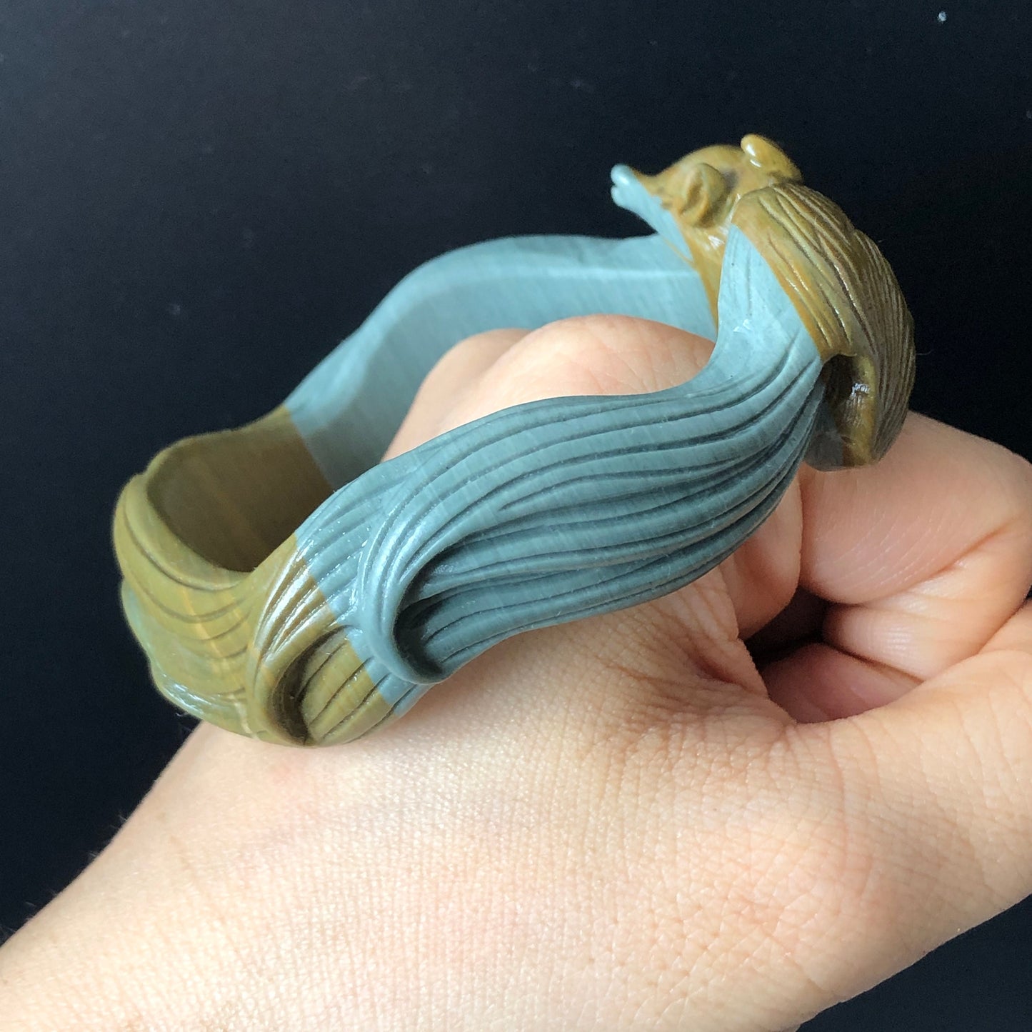 56.3mm Natural Hand Carved Ni Shi Jade Nine-tailed Fox Bangle | Greenish Blue, Mustard Brown | Argillaceous Rocks | Crystal Gemstone