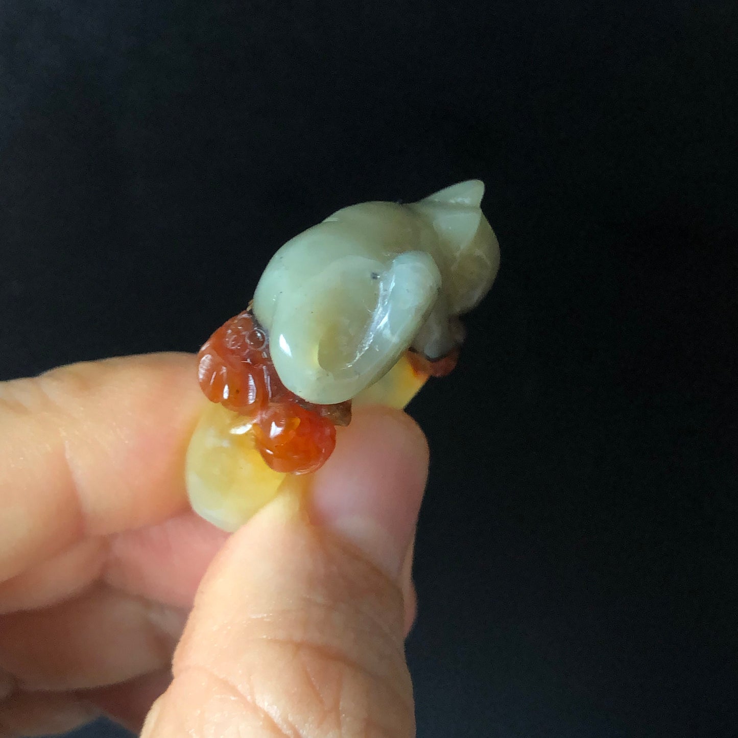Natural Serpentine Xiu Jade Hand Craved Kitten Cat Flowers Stone Crystal Ring | Tri-colour Green, Caramel, White | 16.3mm (US 6)