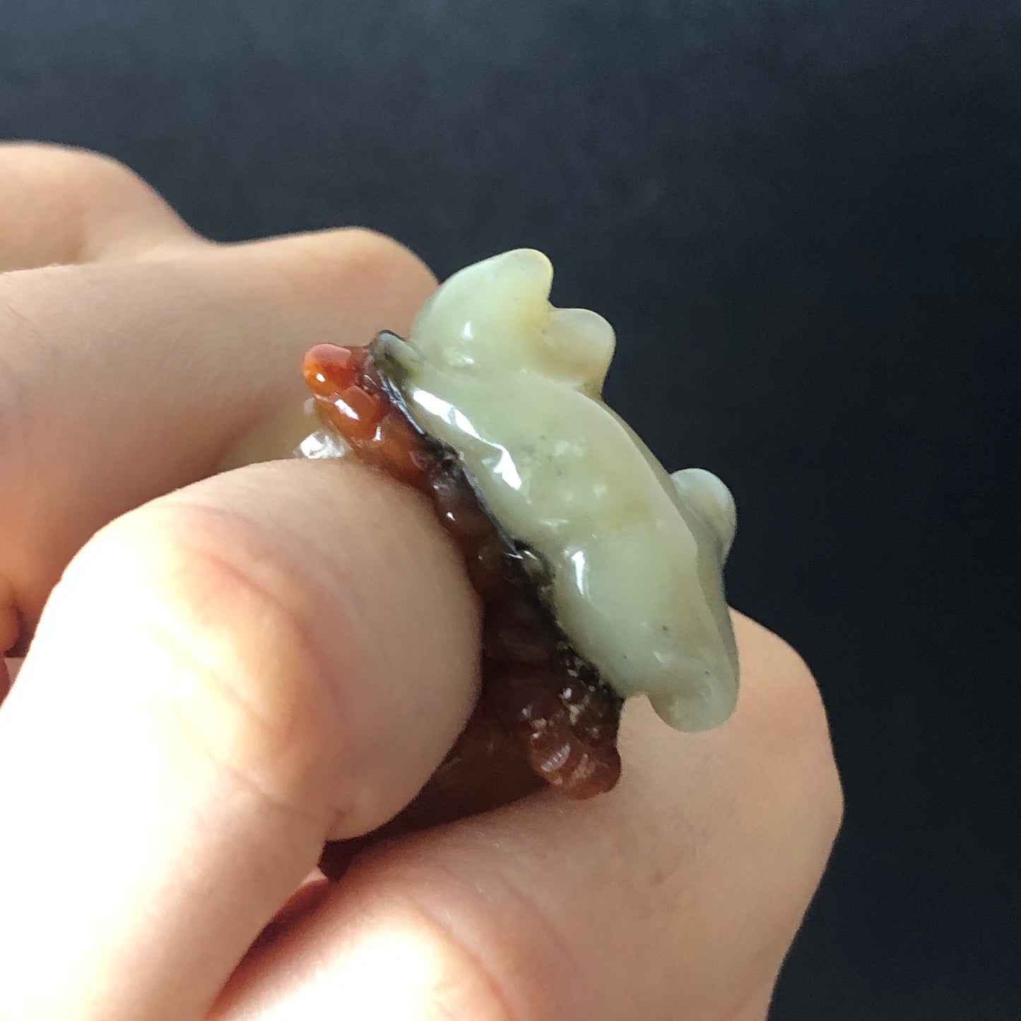 Natural Serpentine Xiu Jade Hand Craved Kitten Cat Flowers Stone Crystal Ring | Tri-colour Green, Caramel, White | 16.3mm (US 6)