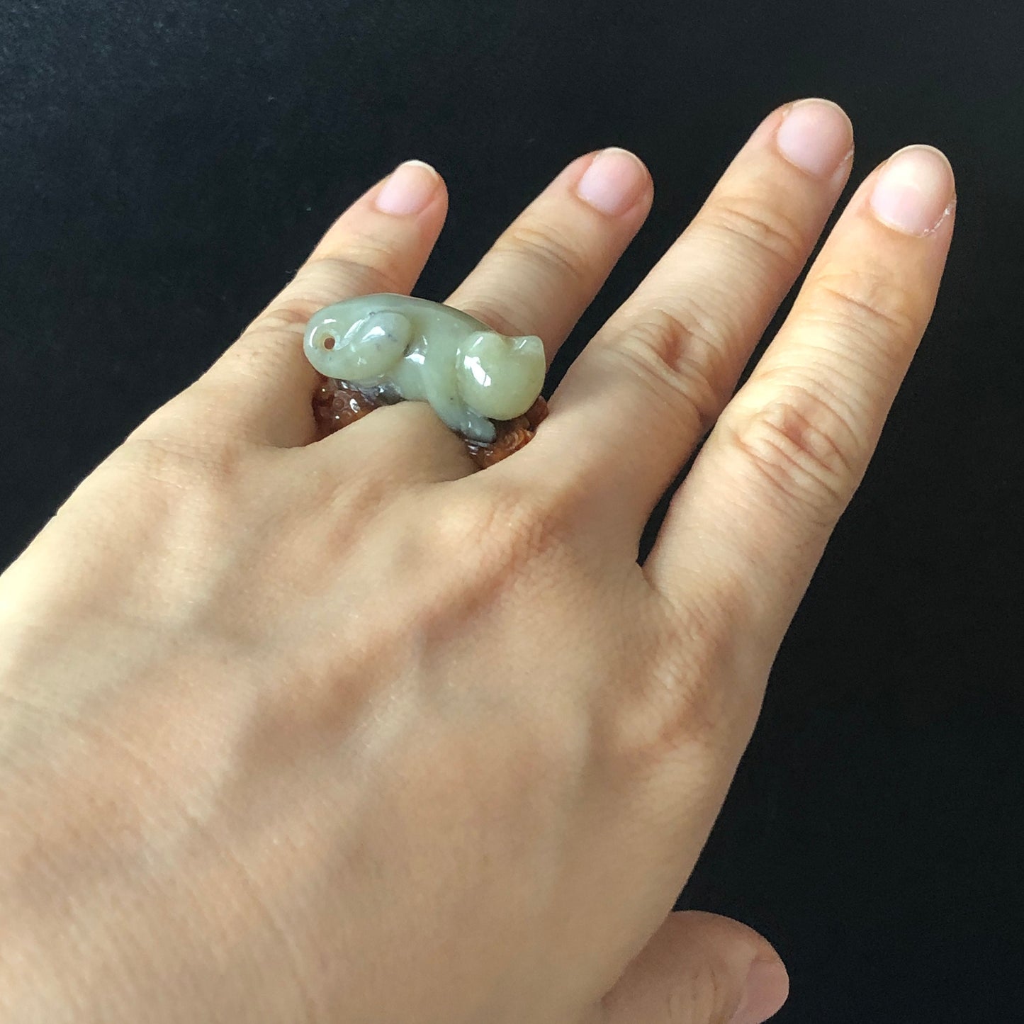 Natural Serpentine Xiu Jade Hand Craved Kitten Cat Flowers Stone Crystal Ring | Tri-colour Green, Caramel, White | 16.3mm (US 6)
