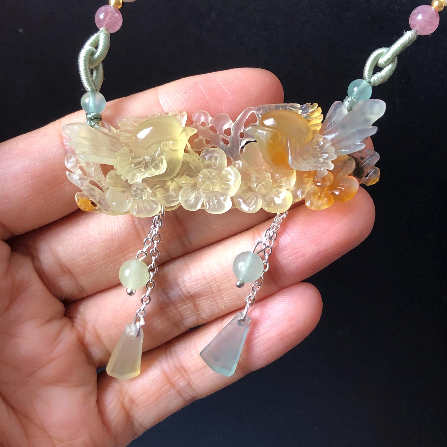 Certificate Natural Xiu Jade (Serpentine) Hand Carved Magpie Birds and Flower Pendant Adjustable Necklace | Blue Orange Yellow | Gemstone