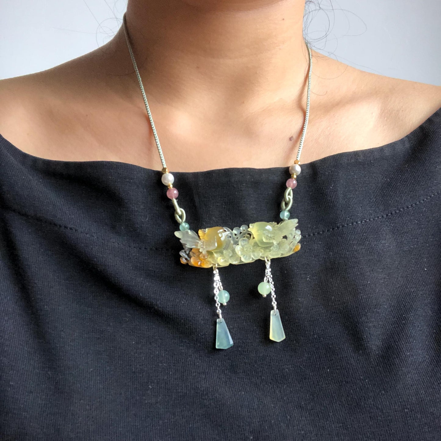 Certificate Natural Xiu Jade (Serpentine) Hand Carved Magpie Birds and Flower Pendant Adjustable Necklace | Blue Orange Yellow | Gemstone