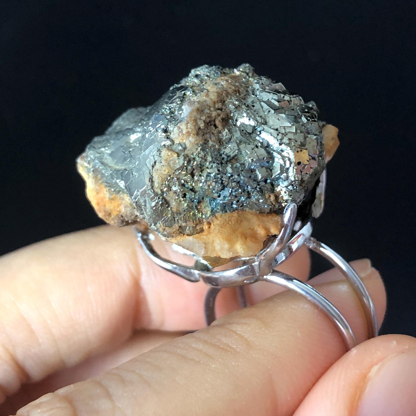 Raw Chalcopyrite Ring, Silver Raw Stone Ring Big Crystal Ring, Large Statement ring Birthstone, adjustable band, Chunky Irregular ring gift, silver-plated copper ring, birthstone ring gift for men and women, raw mineral ring, huge cocktail ring