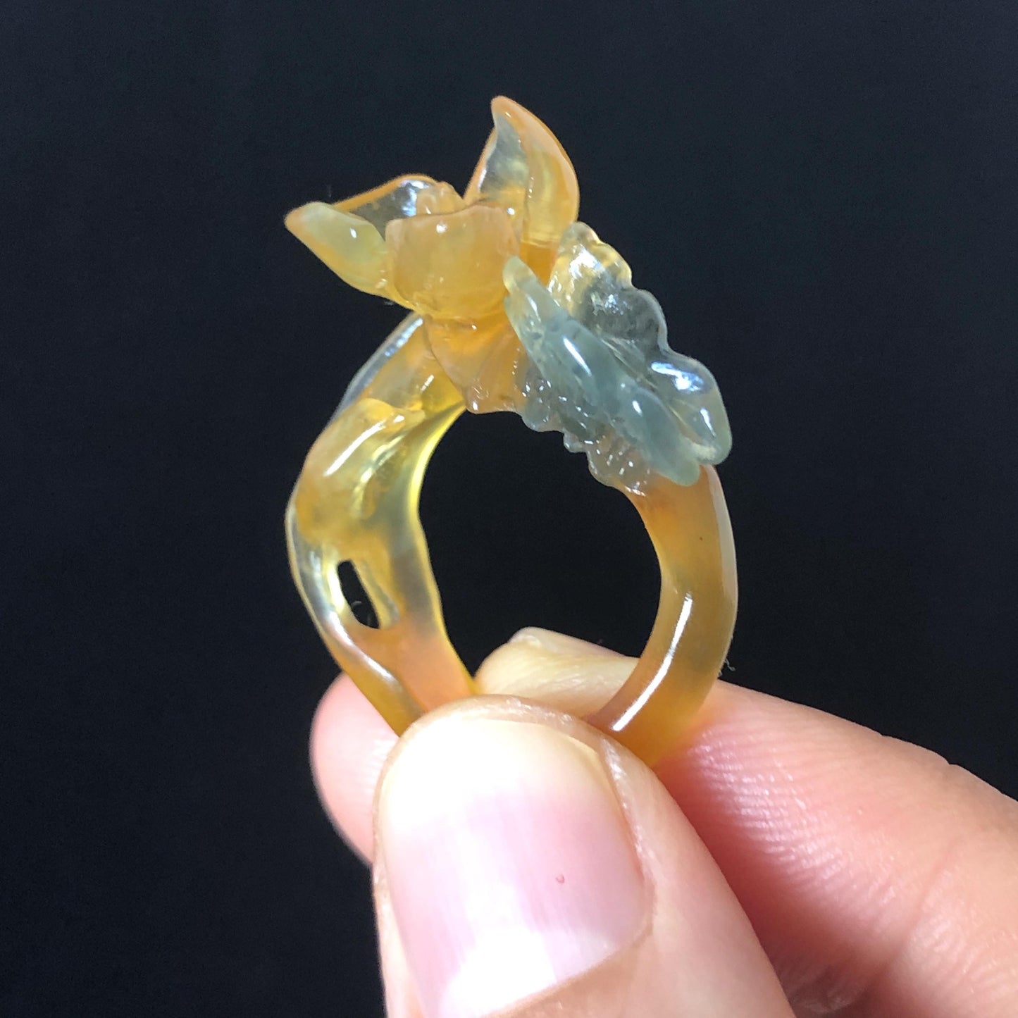 Natural Xiu Jade (Serpentine) Hand Craved Narcissus Flower with Butterfly Ring | 16mm (US 5.5-6) | Yellow & Green | Crystal Stone Gemstone