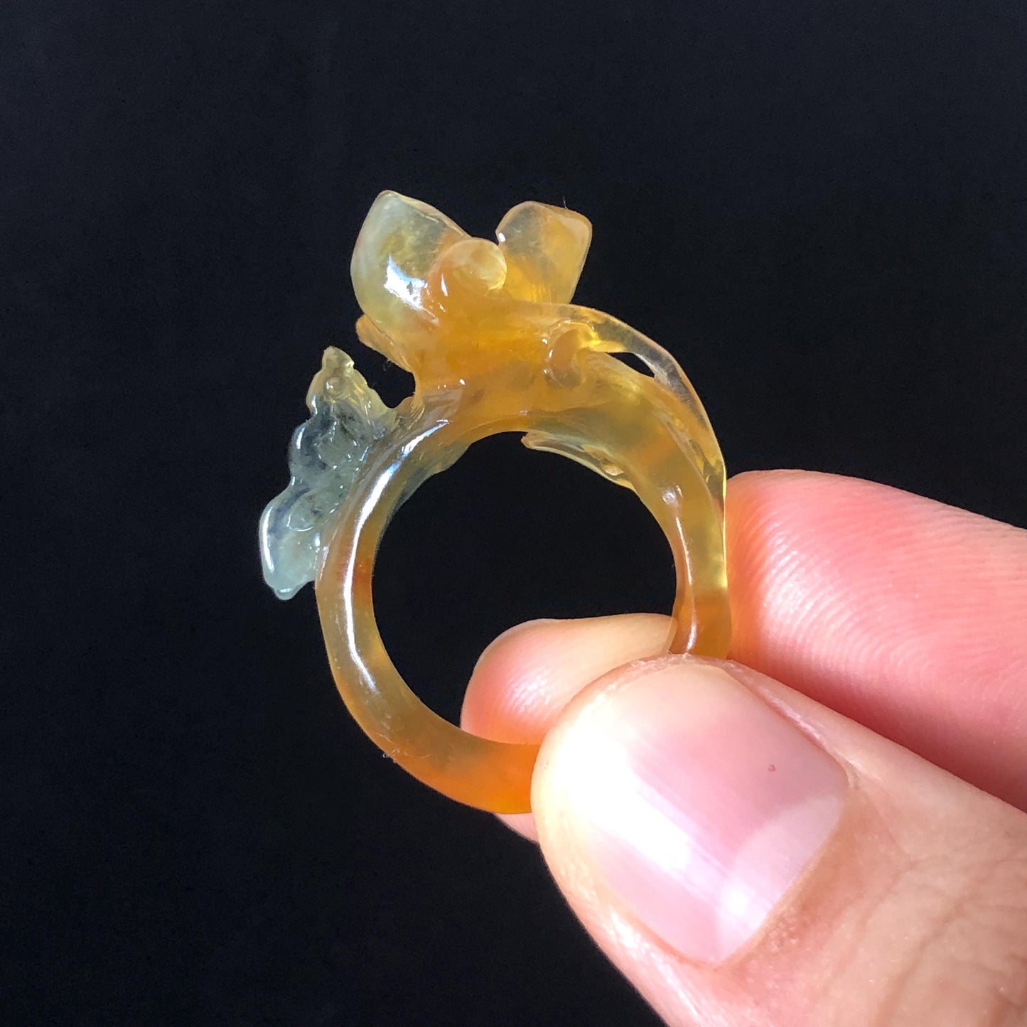 Natural Xiu Jade (Serpentine) Hand Craved Narcissus Flower with Butterfly Ring | 16mm (US 5.5-6) | Yellow & Green | Crystal Stone Gemstone