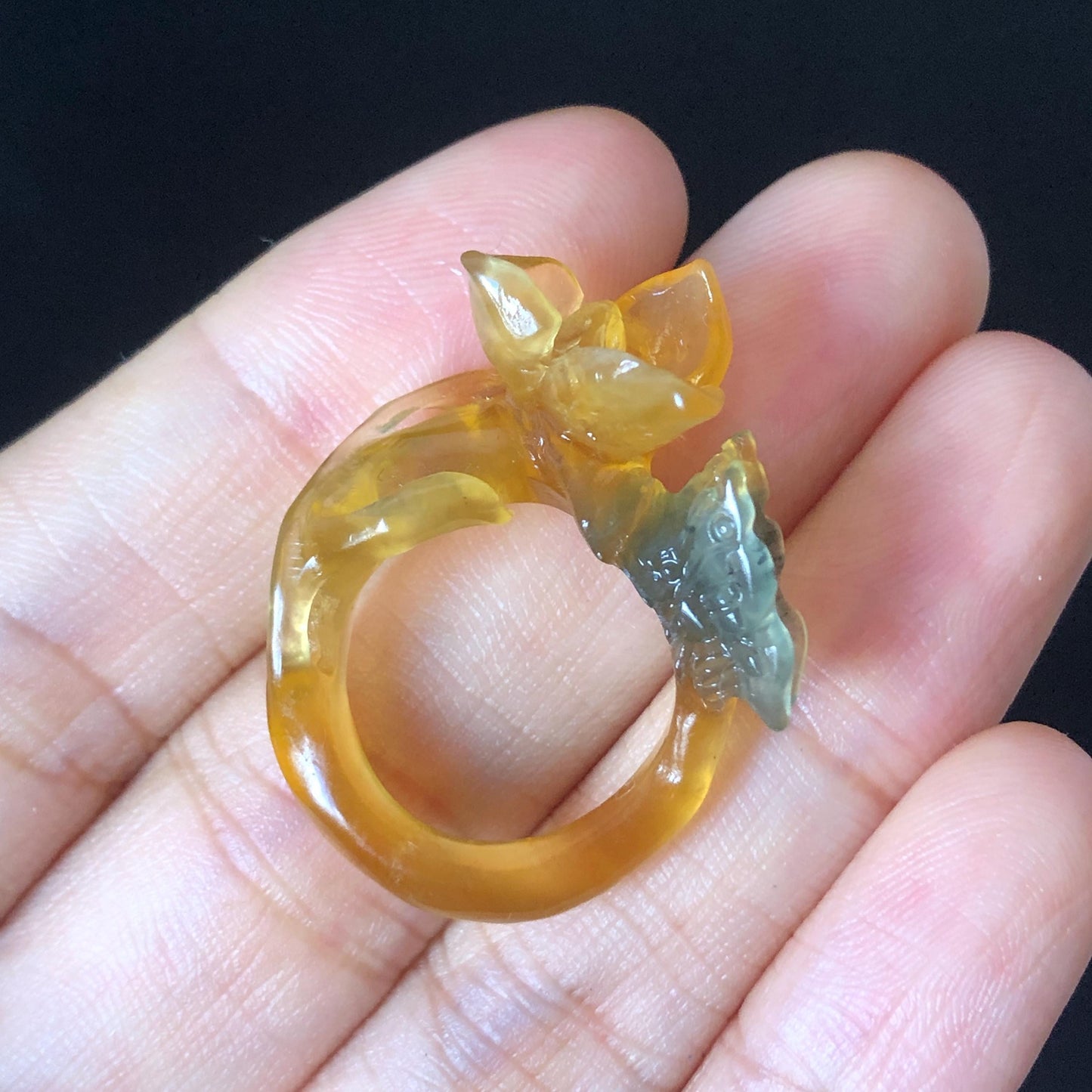 Natural Xiu Jade (Serpentine) Hand Craved Narcissus Flower with Butterfly Ring | 16mm (US 5.5-6) | Yellow & Green | Crystal Stone Gemstone