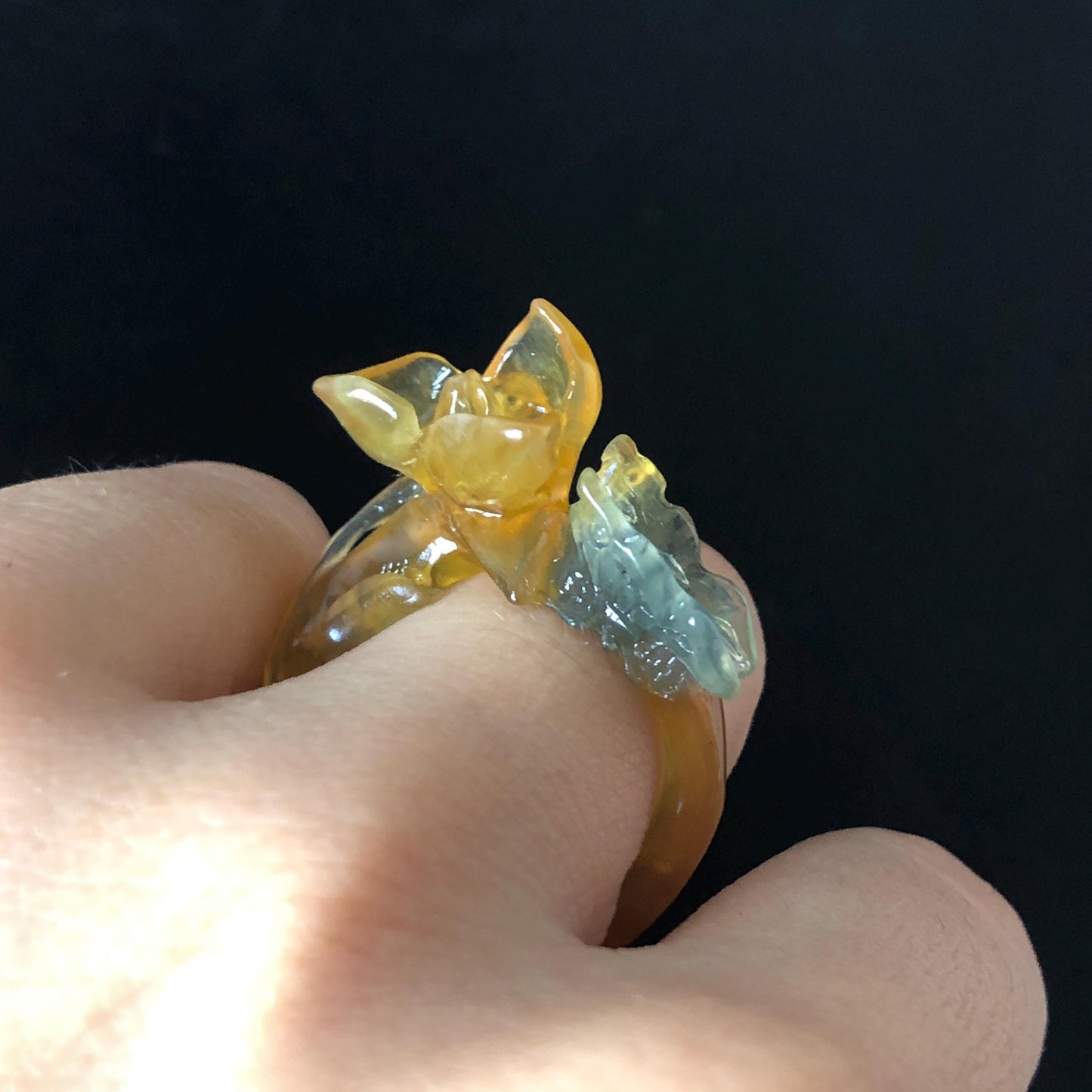 Natural Xiu Jade (Serpentine) Hand Craved Narcissus Flower with Butterfly Ring | 16mm (US 5.5-6) | Yellow & Green | Crystal Stone Gemstone