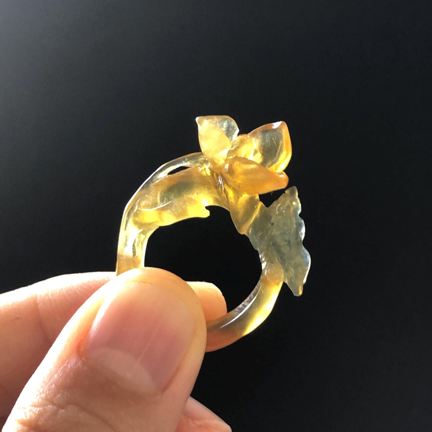 Natural Xiu Jade (Serpentine) Hand Craved Narcissus Flower with Butterfly Ring | 16mm (US 5.5-6) | Yellow & Green | Crystal Stone Gemstone