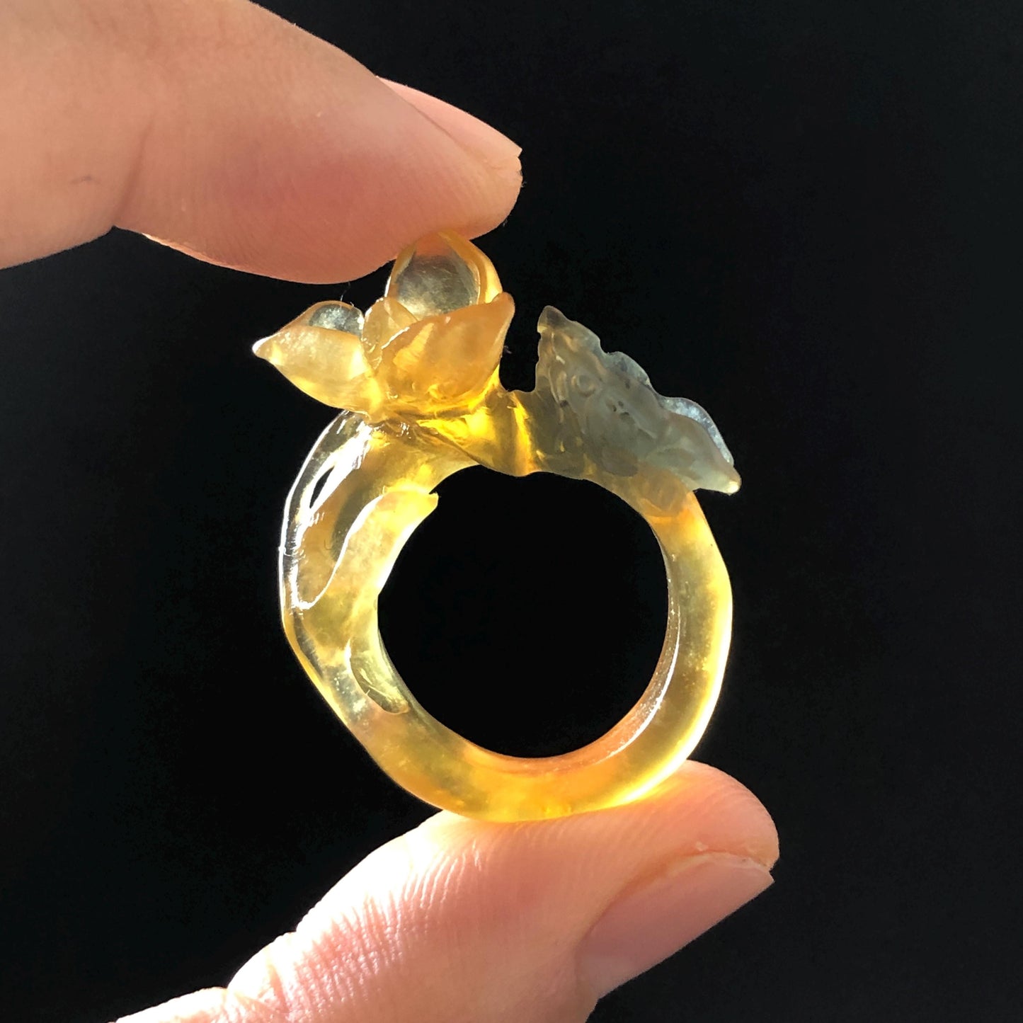 Natural Xiu Jade (Serpentine) Hand Craved Narcissus Flower with Butterfly Ring | 16mm (US 5.5-6) | Yellow & Green | Crystal Stone Gemstone