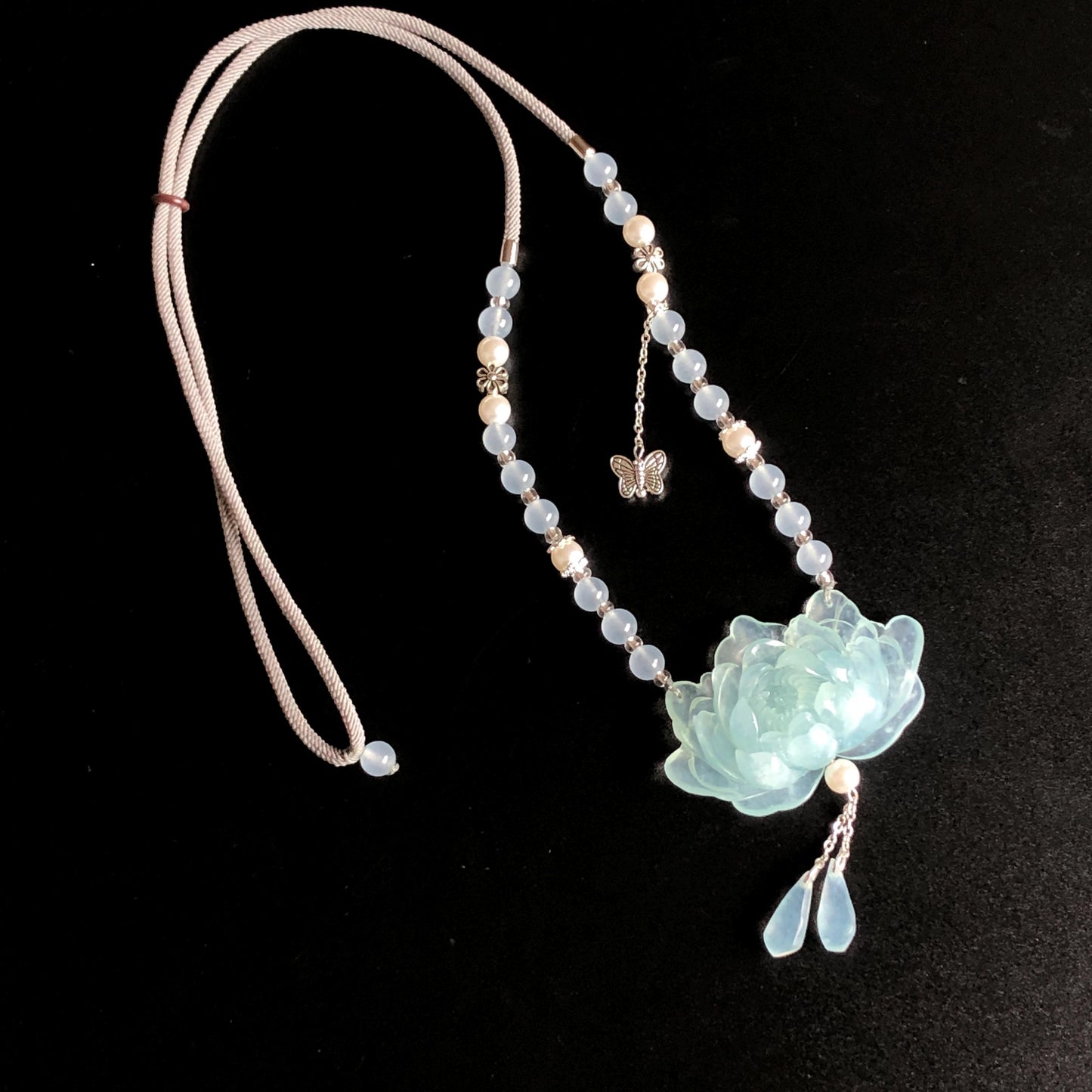 Certificate Natural Xiu Jade (Serpentine) Hand Carved Peony Flower Pendant | Adjustable Necklace Choker | Icy Blue | Asian Vintage Style