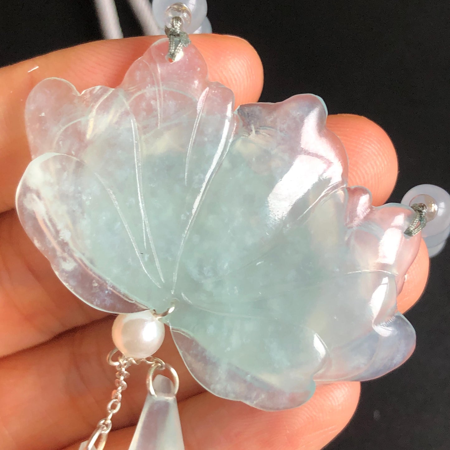 Certificate Natural Xiu Jade (Serpentine) Hand Carved Peony Flower Pendant | Adjustable Necklace Choker | Icy Blue | Asian Vintage Style
