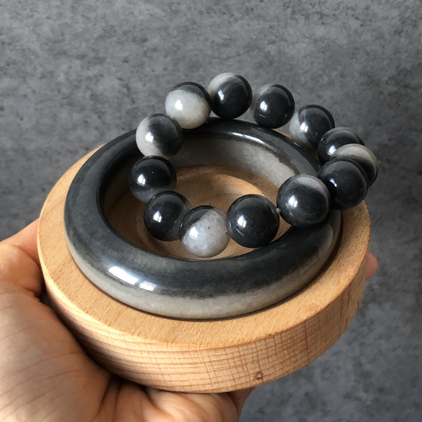56.2 mm Natural SheTaiCui Jade (Quartzite) Bangle and Bracelet| Black and White | Stylish & Elegant | Crystal Gemstone Stone Jewellery
