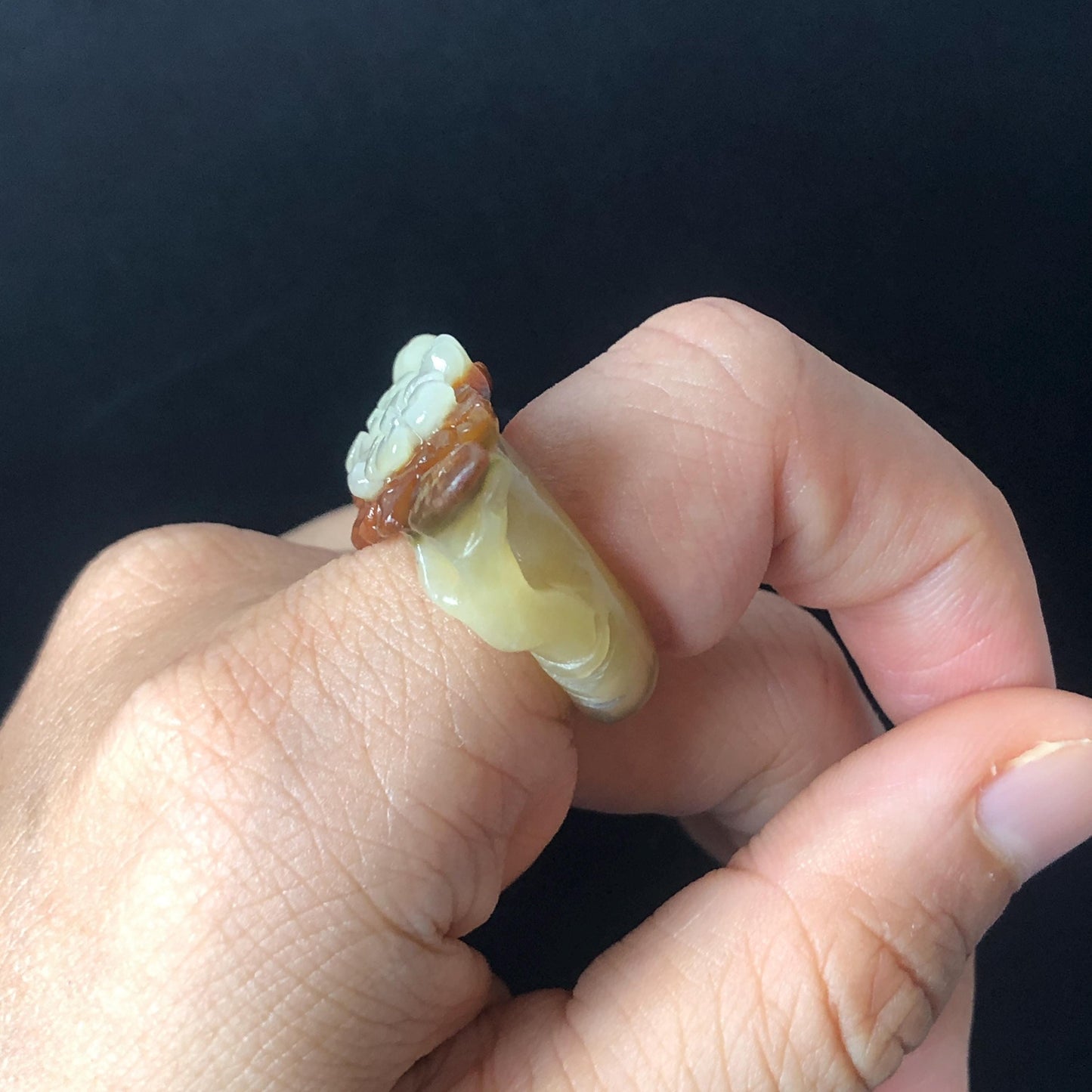 Natural Xiu Jade Serpentine Hand Craved Plum Blossom Flower Blooming Ring | 16mm (US 5.5-6) | Caramel Brown & White | Crystal Stone Gemstone