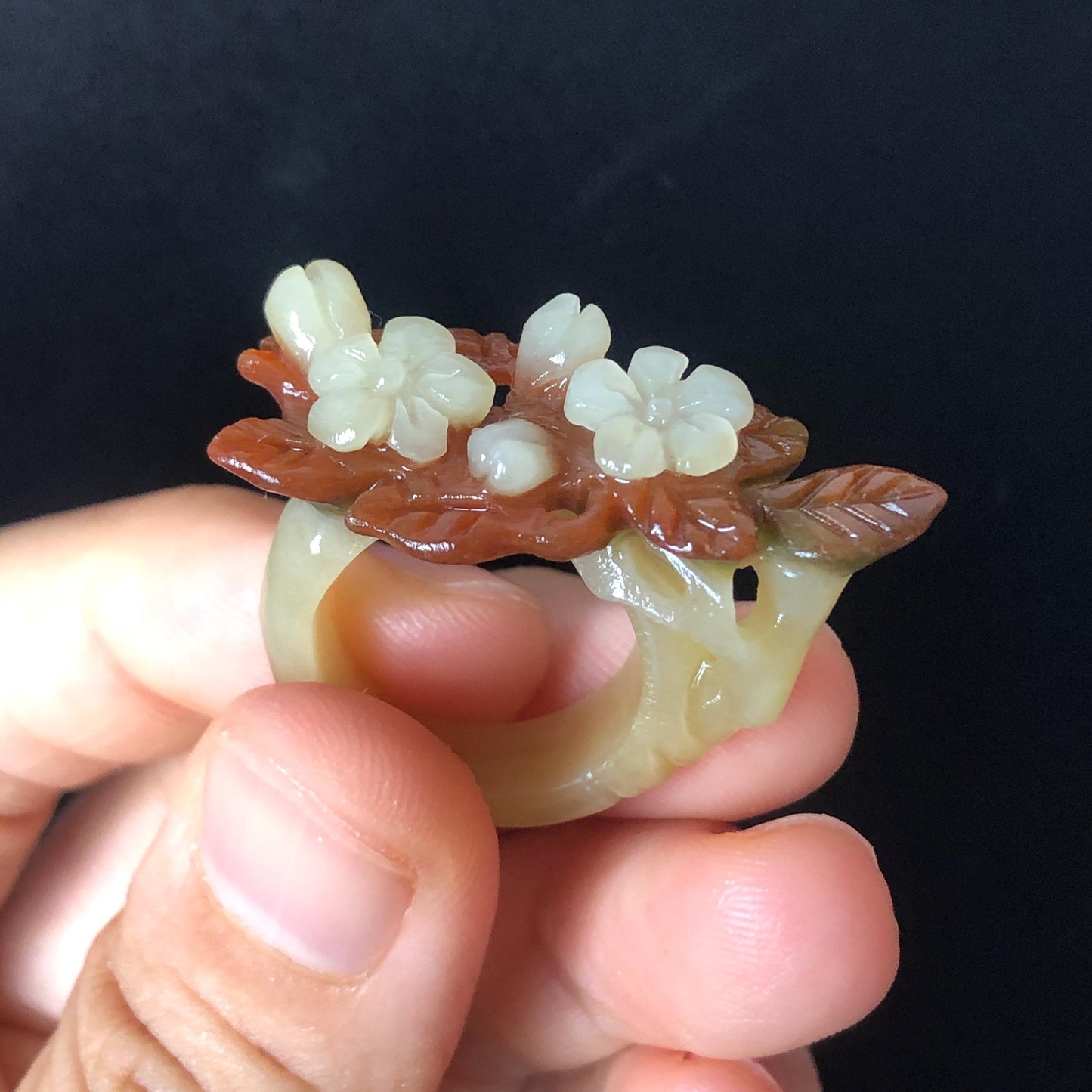 Natural Xiu Jade Serpentine Hand Craved Plum Blossom Flower Blooming Ring | 16mm (US 5.5-6) | Caramel Brown & White | Crystal Stone Gemstone