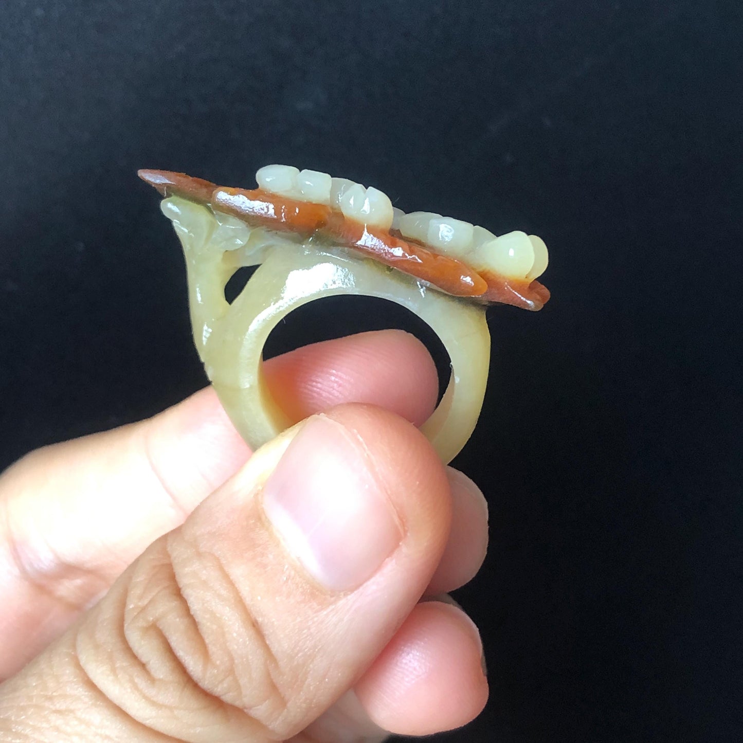 Natural Xiu Jade Serpentine Hand Craved Plum Blossom Flower Blooming Ring | 16mm (US 5.5-6) | Caramel Brown & White | Crystal Stone Gemstone