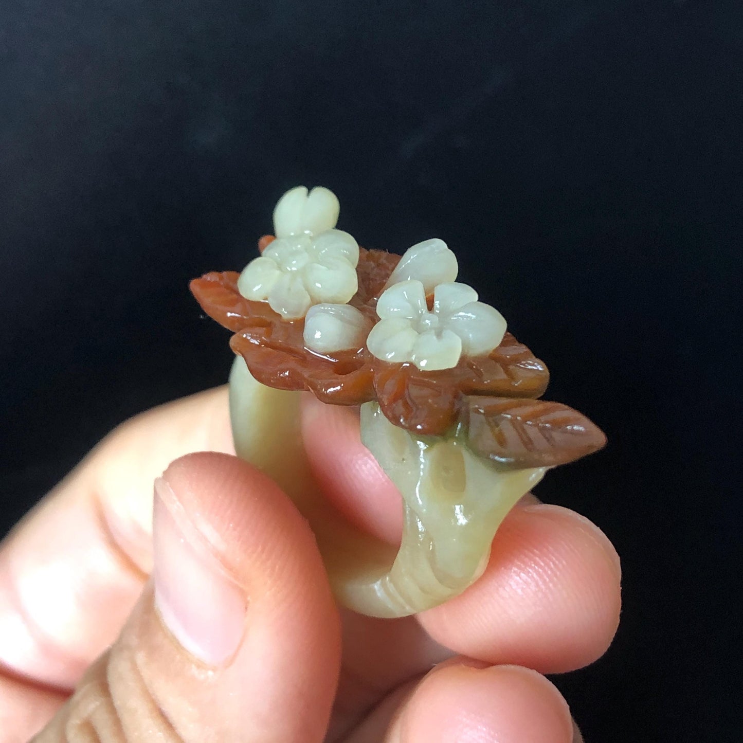 Natural Xiu Jade Serpentine Hand Craved Plum Blossom Flower Blooming Ring | 16mm (US 5.5-6) | Caramel Brown & White | Crystal Stone Gemstone