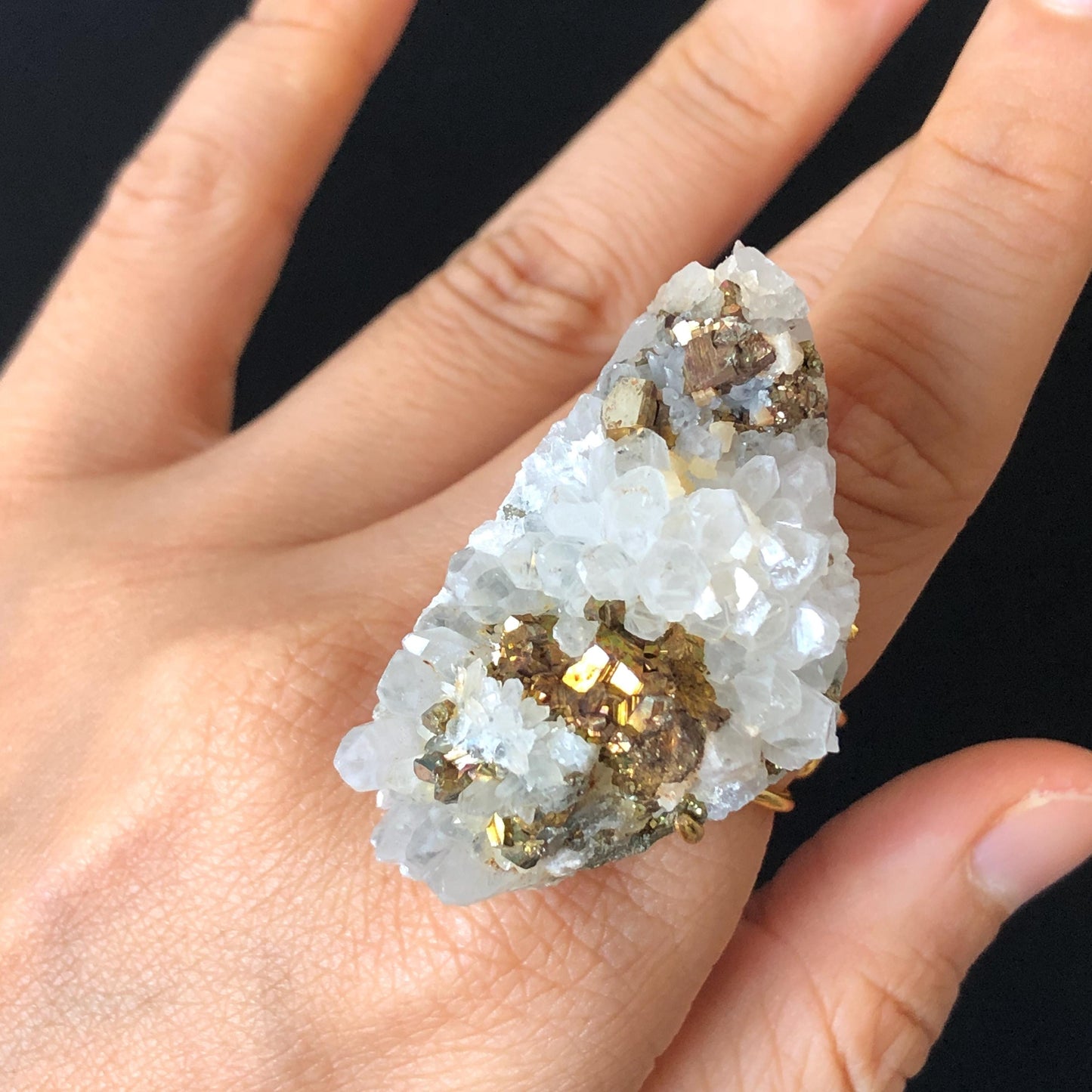 Raw Chalcopyrite and Clear Quartz Crystal Ring | Raw Stone Ring | Abundance Stone | Adjustable Statement Ring | Natural Gemstone Birthstone