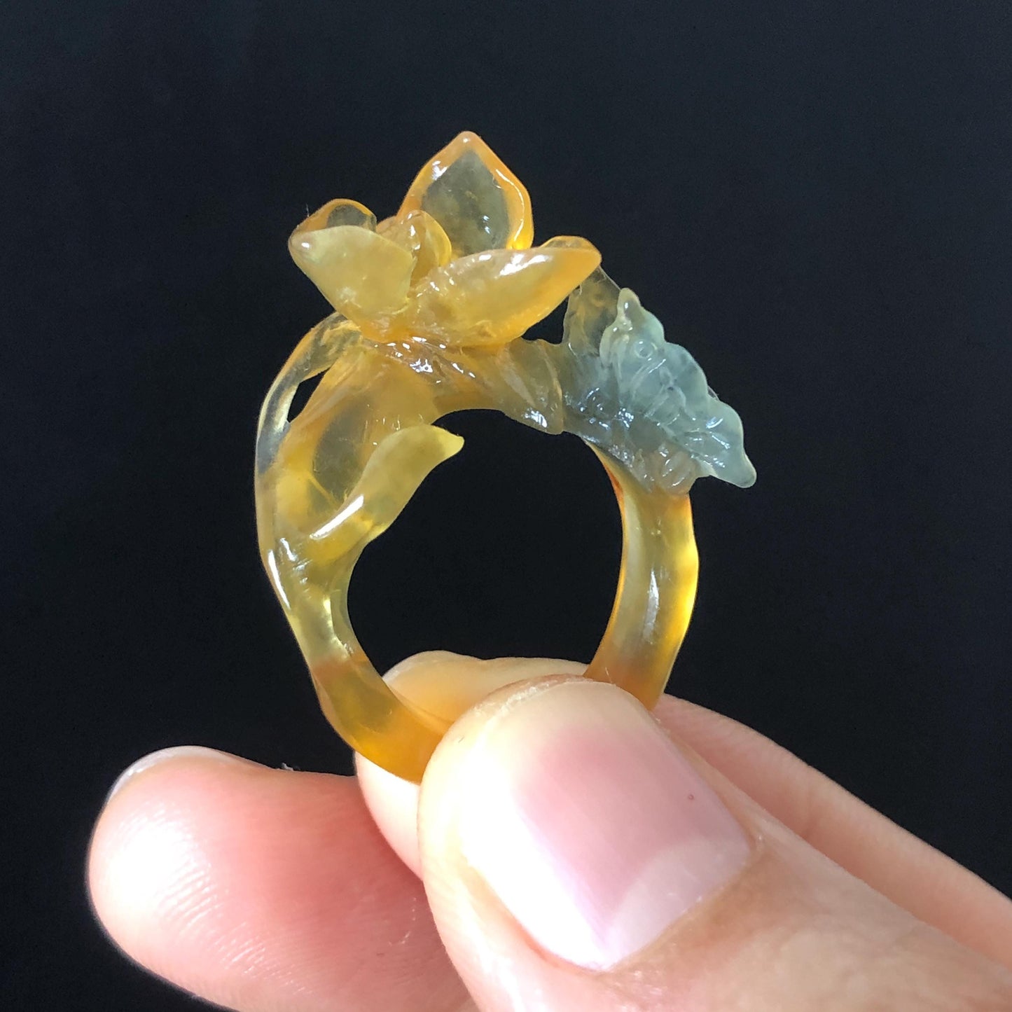 Natural Xiu Jade (Serpentine) Hand Craved Narcissus Flower with Butterfly Ring | 16mm (US 5.5-6) | Yellow & Green | Crystal Stone Gemstone
